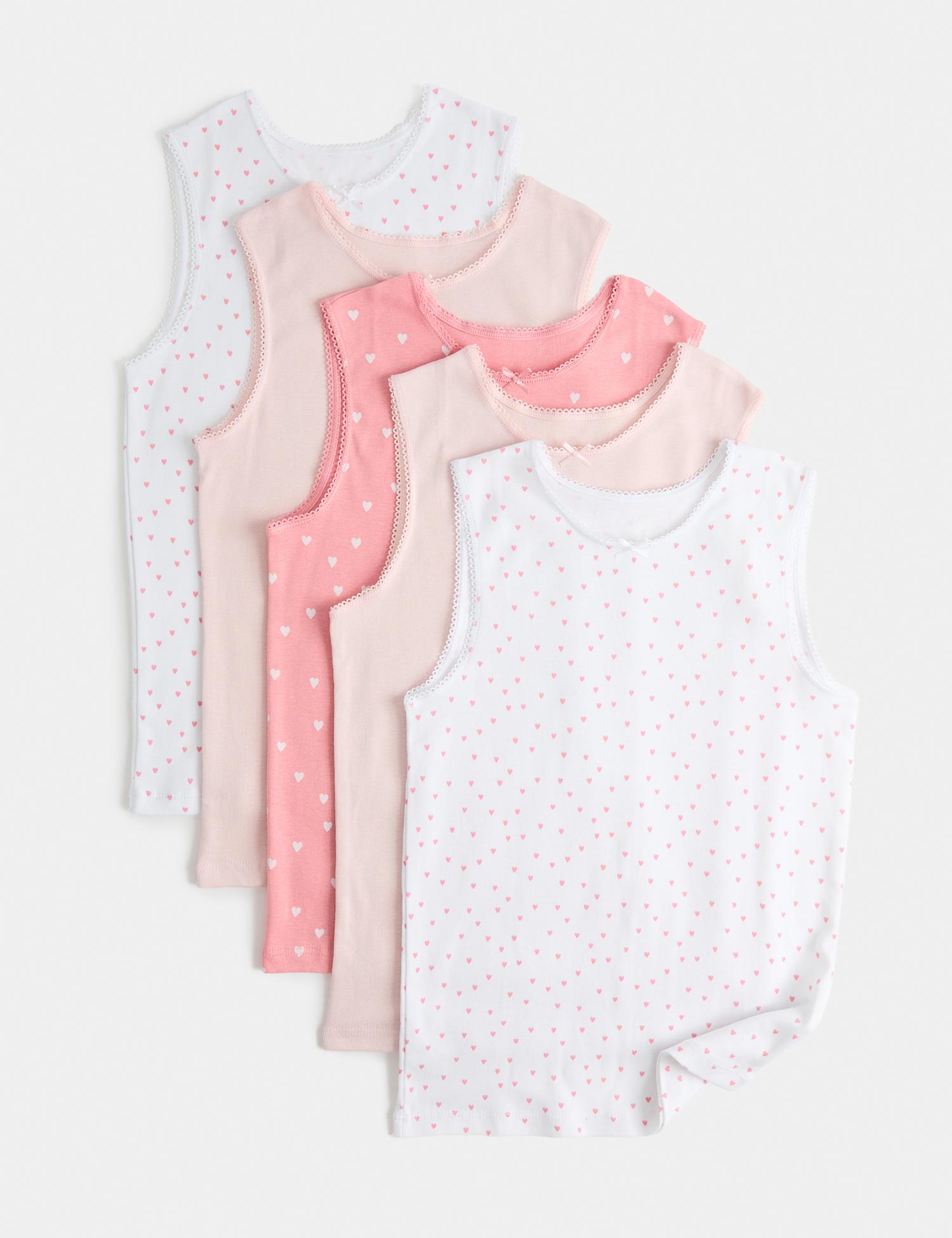 M&S 5 Pack Pure Cotton Heart Print Vests (2-14 Yrs) Pink Mix
