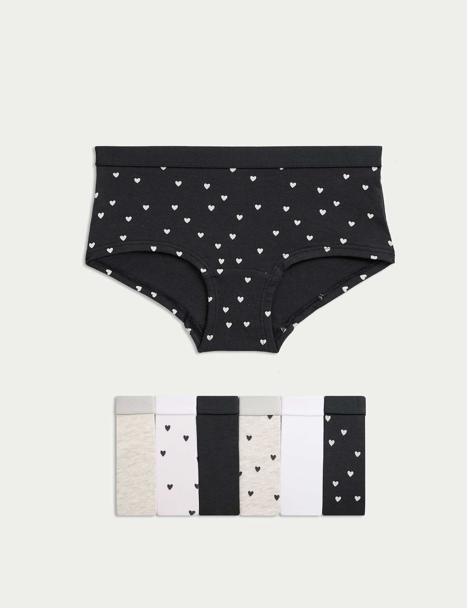 M&S 7 Pack Cotton with Stretch Heart Print Shorts (5-16 Yrs) Black Mix