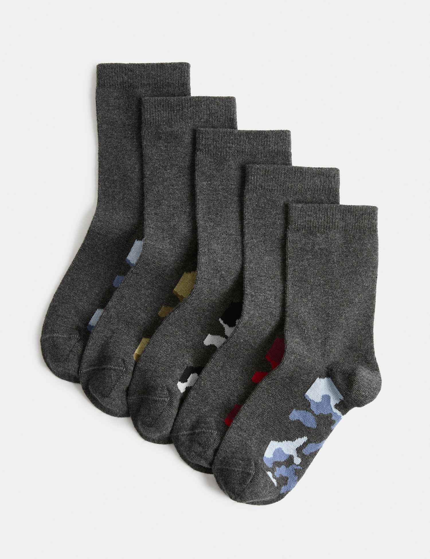 M&S 5 Pack Cotton Rich Printed Footbed Socks Grey