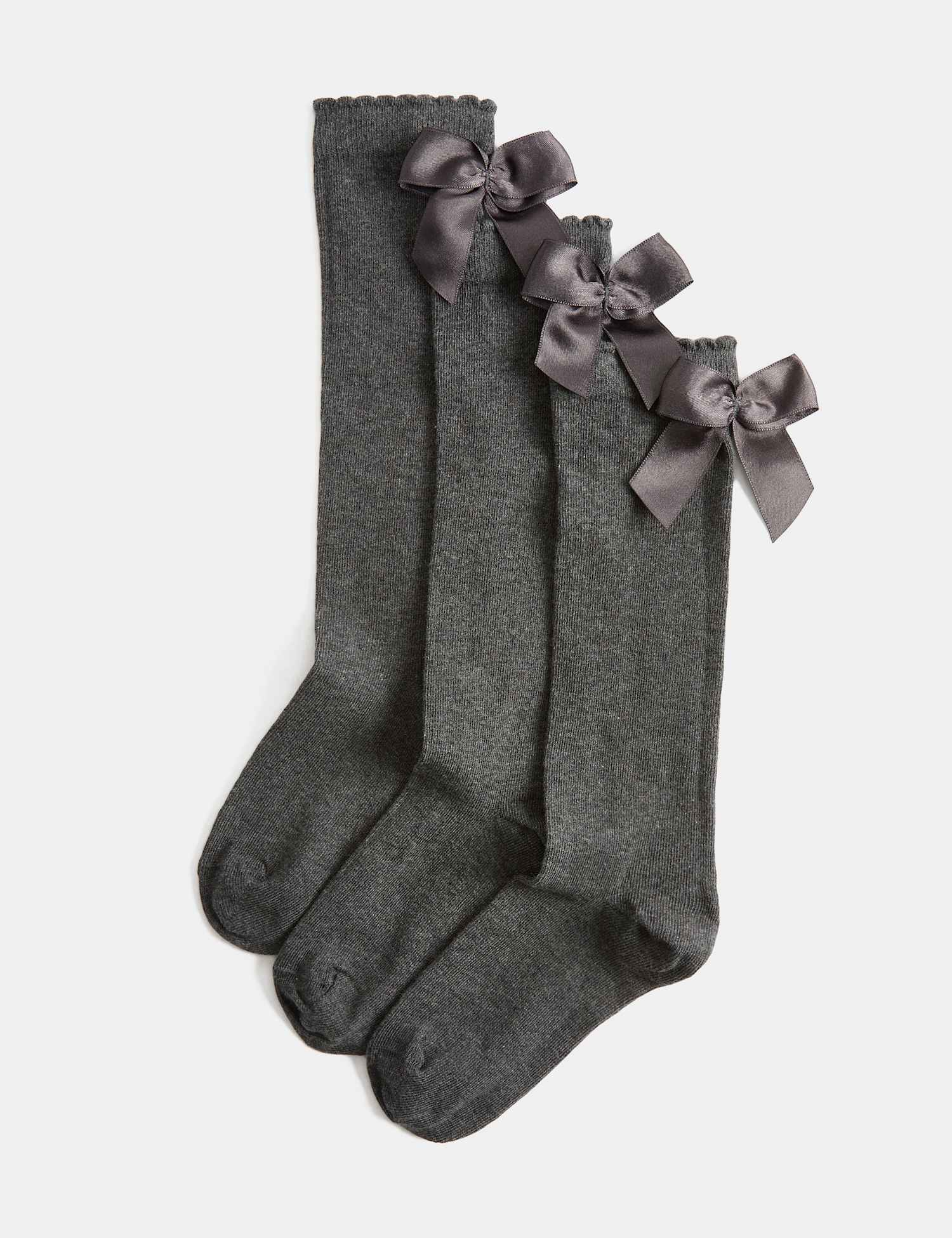 M&S 3 Pack Cotton Rich Bow Knee High Socks Grey