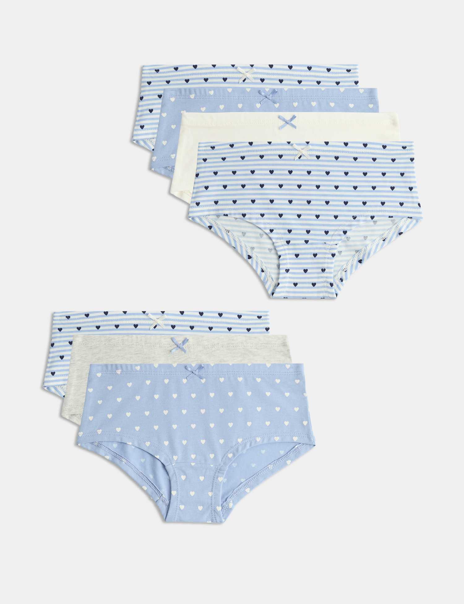 M&S 7pk Cotton Rich Heart Stripe Knicker Shorts (5-16 Yrs) Blue Mix