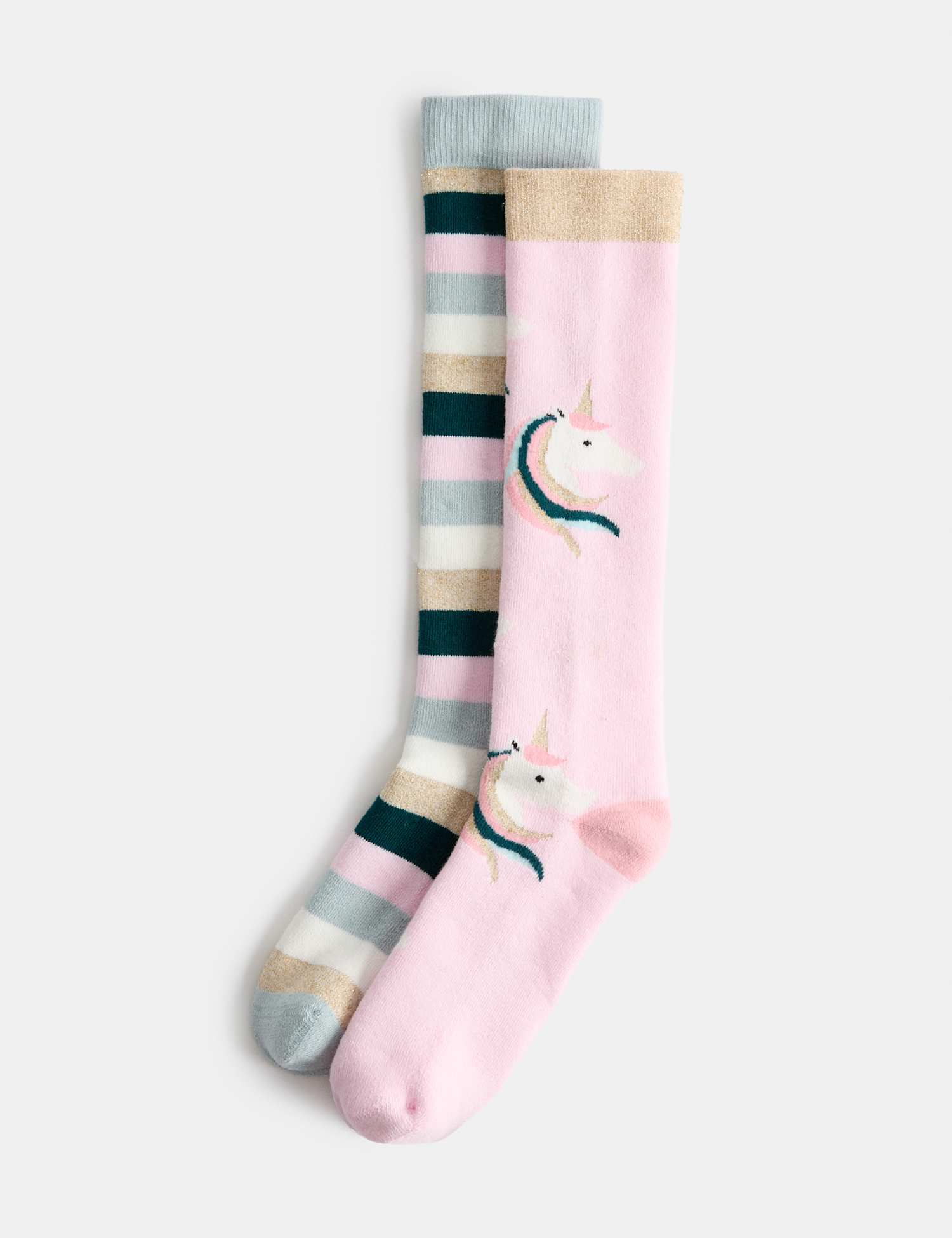 M&S 2 Pack Cotton Rich Unicorn Striped Welly Socks (6 Small-3� Large) Pink Mix