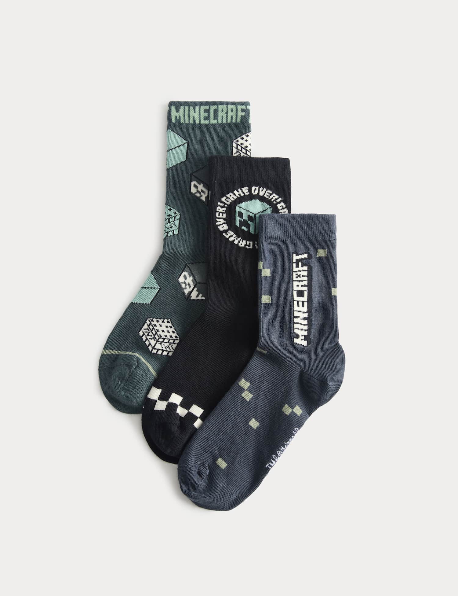 M&S 3 Pack Cotton Rich Minecraft� Socks (6 Small-7 Large) Green Mix