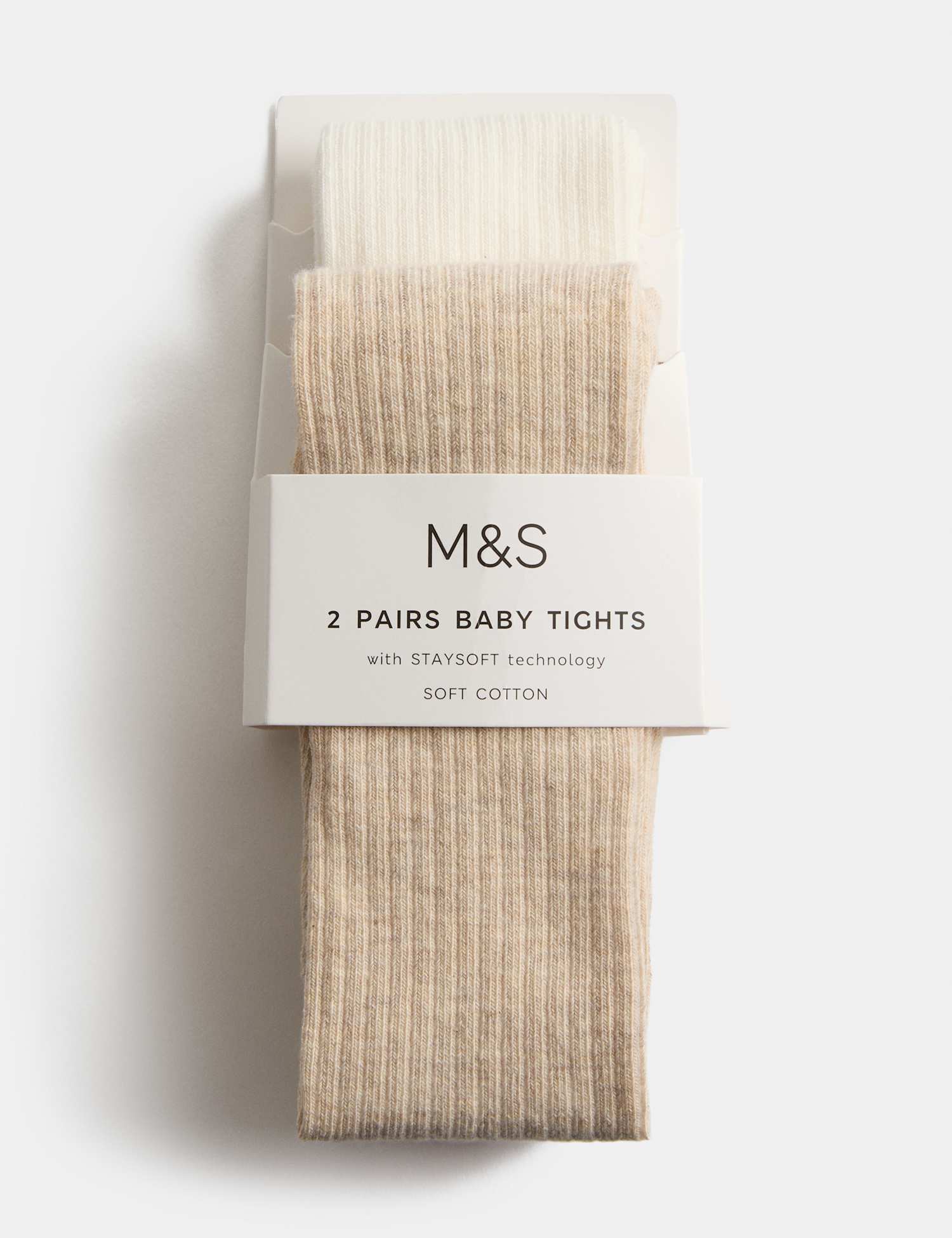 M&S 2 Pack Cotton Rich Ribbed Tights (0-3 Yrs) Neutral