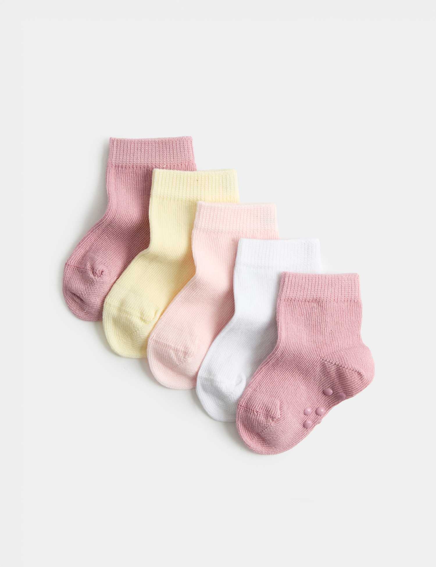 M&S 5pk Cotton Rich Gripper Socks (0-2 Yrs) Pink Mix