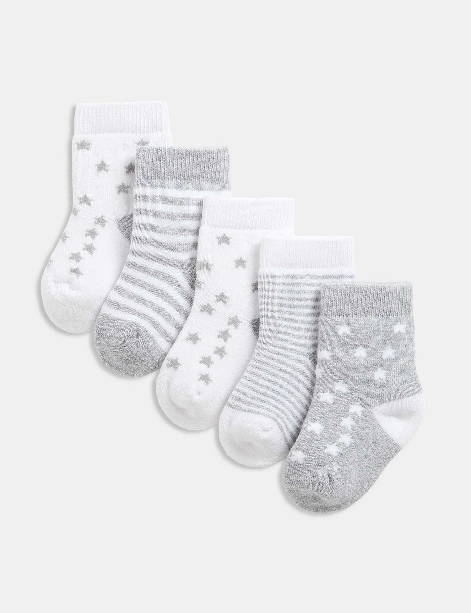 M&S 5 Pack Cotton Rich Terry Star Socks (0-2 Yrs) Grey Mix