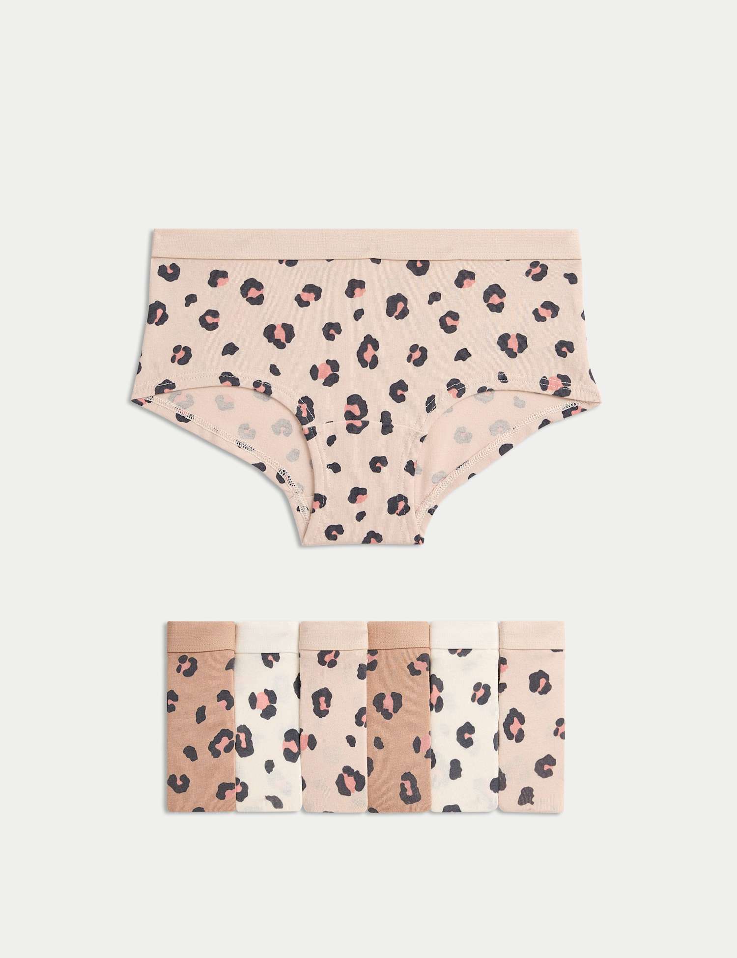 M&S 7 Pack Cotton StayNew� Leopard Print Knicker Shorts (5-16 Yrs) Mocha Mix