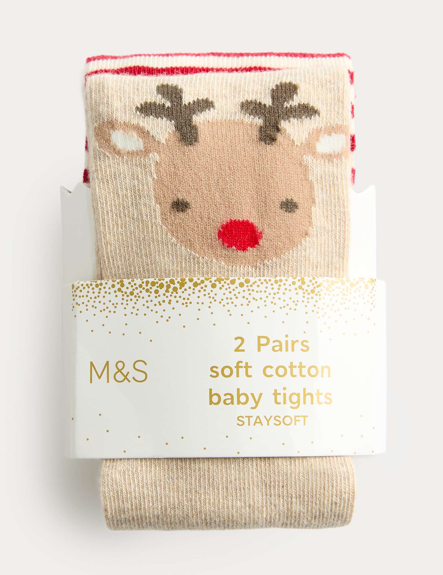 M&S 2 Pack Cotton Rich Reindeer Tights (0-3 Yrs) Cream Mix