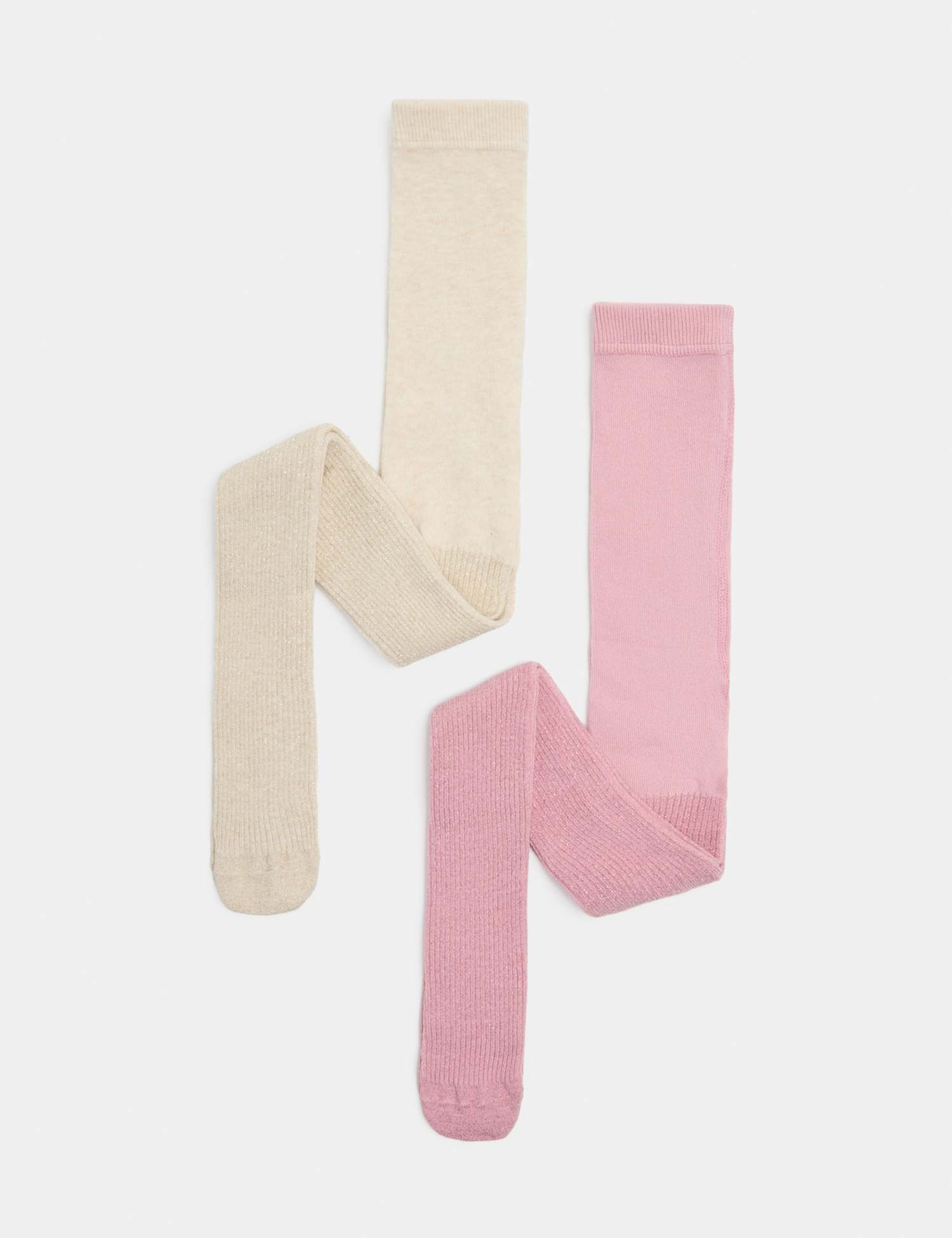 M&S 2 Pack Cotton Rich Ribbed Sparkly Tights Pink Mix