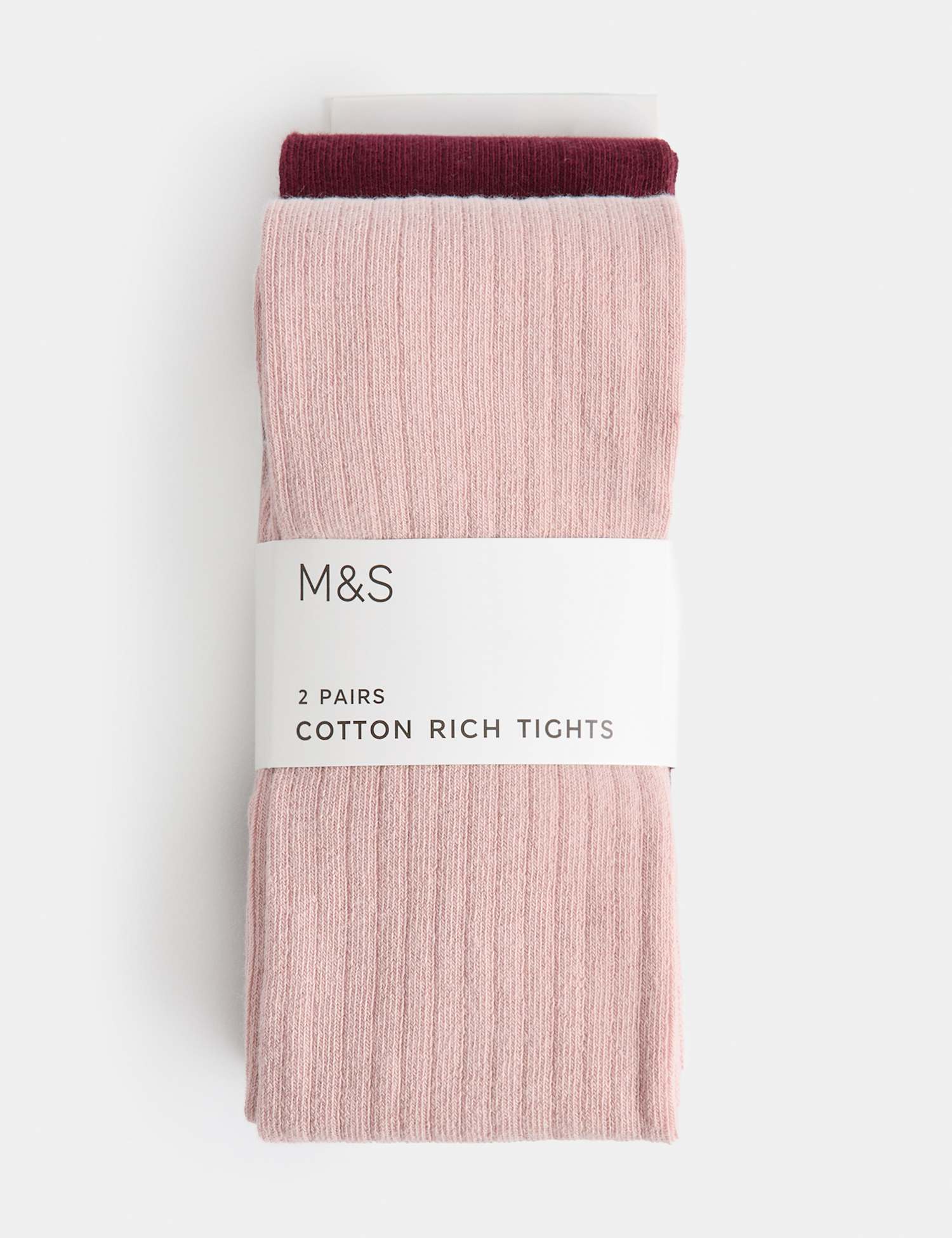 M&S 2 Pack Cotton Rich Ribbed Tights (2-14 Yrs) Pink Mix