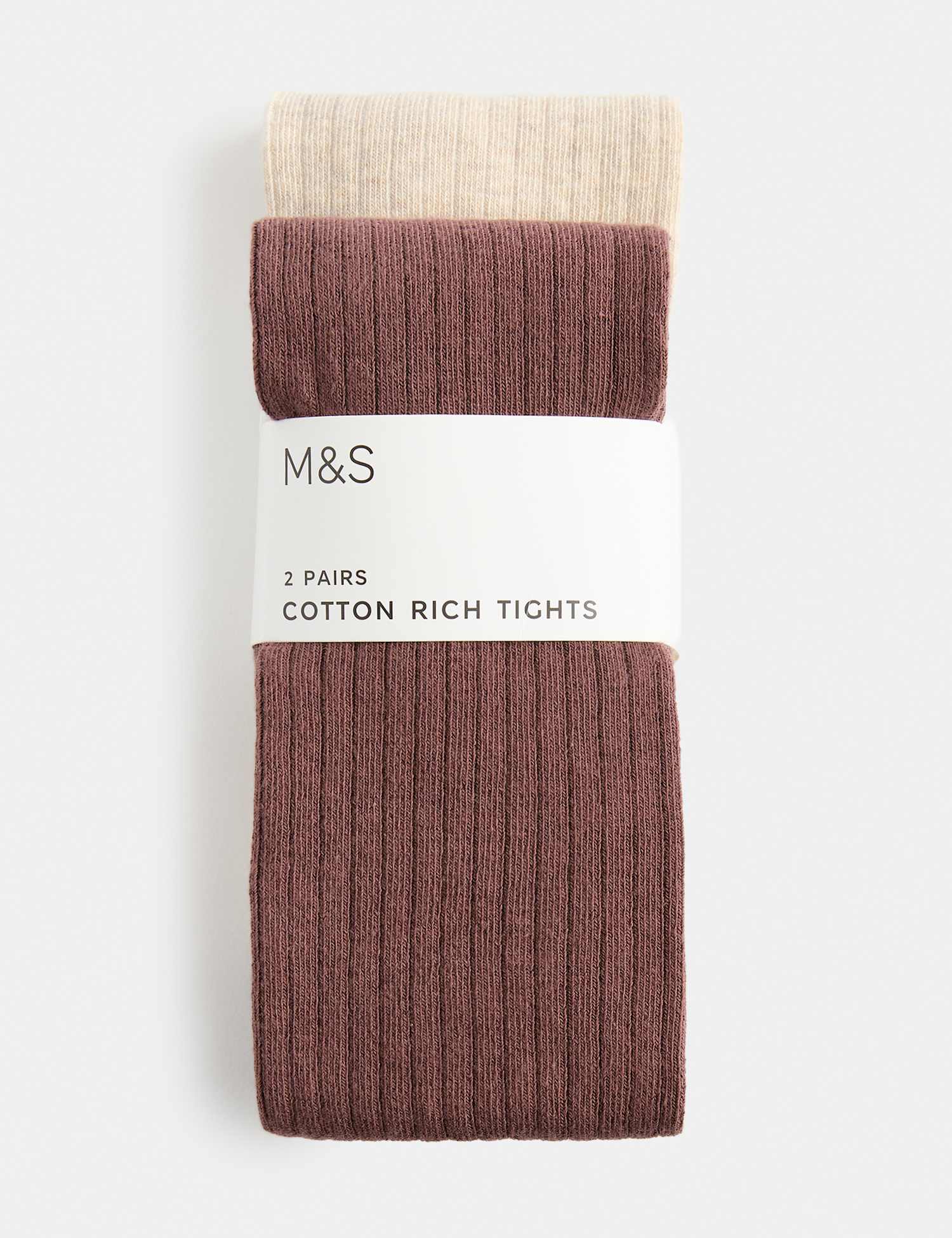 M&S 2 Pack Cotton Rich Ribbed Tights (2-14 Yrs) Brown Mix