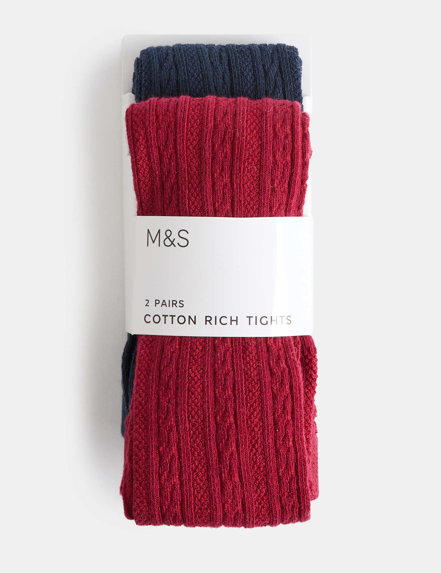 M&S 2 Pack Cotton Rich Cable Tights (2-14 Yrs) Red Mix