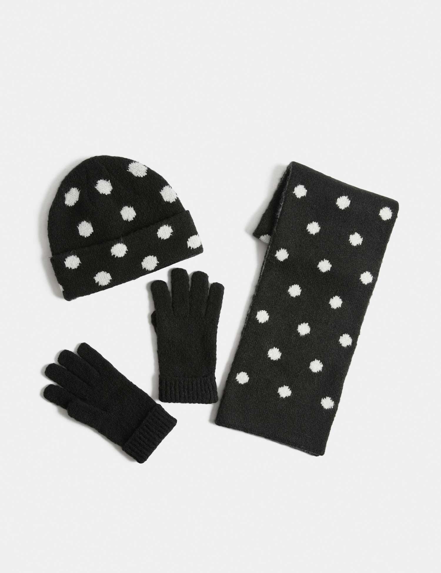 M&S 3pk Polka Dot Hat Scarf & Glove Set Black Mix