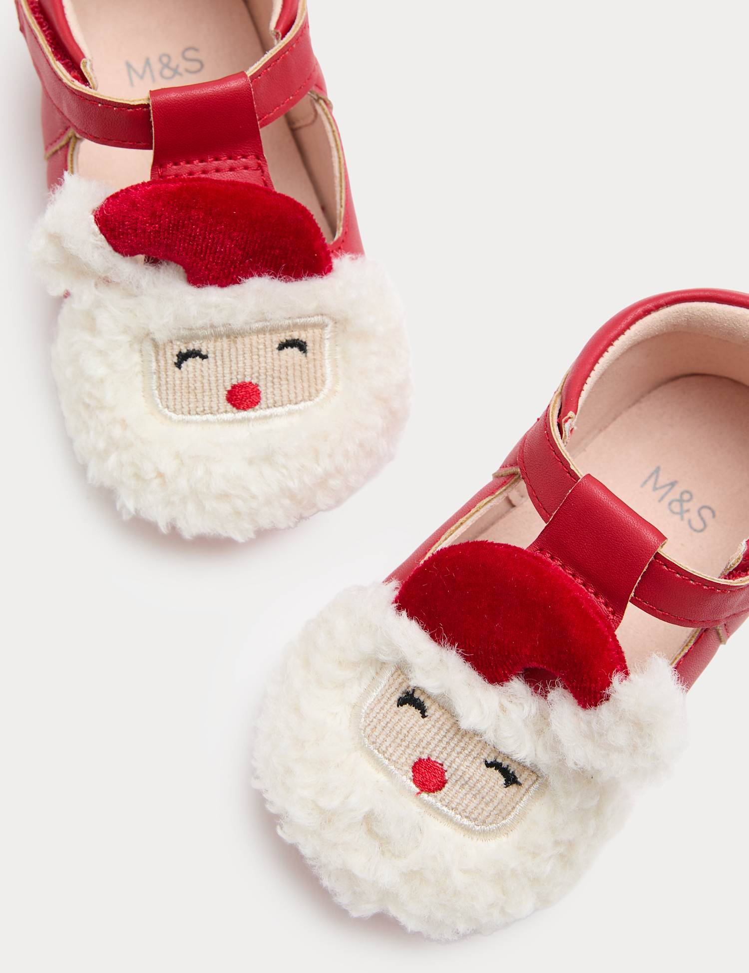 M&S Baby Santa T Bar Riptape Pram Shoes (0-18 Mths) Red