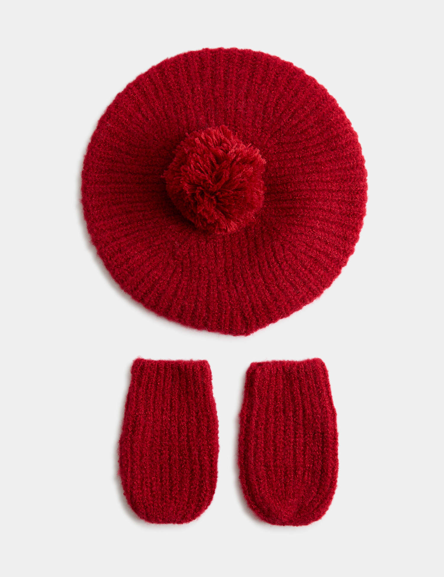 M&S Pom Pom Hat & Mittens Set (0-3 Yrs) Red