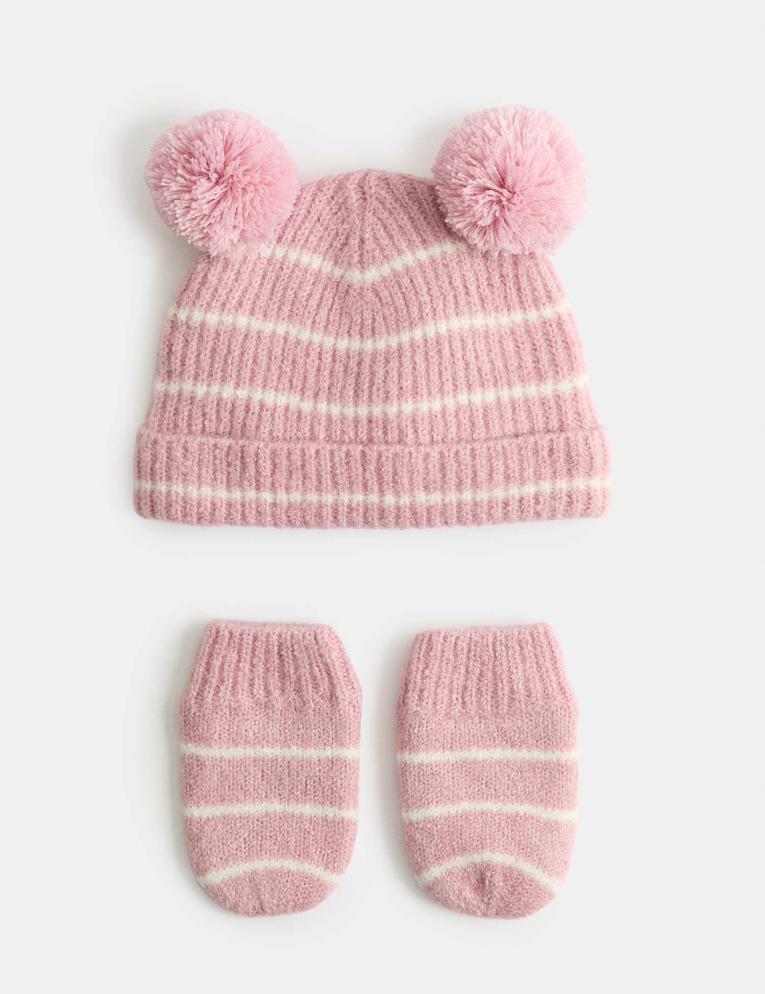 M&S Kids' Striped Hat & MIttens Set (0-3 Yrs) Pink