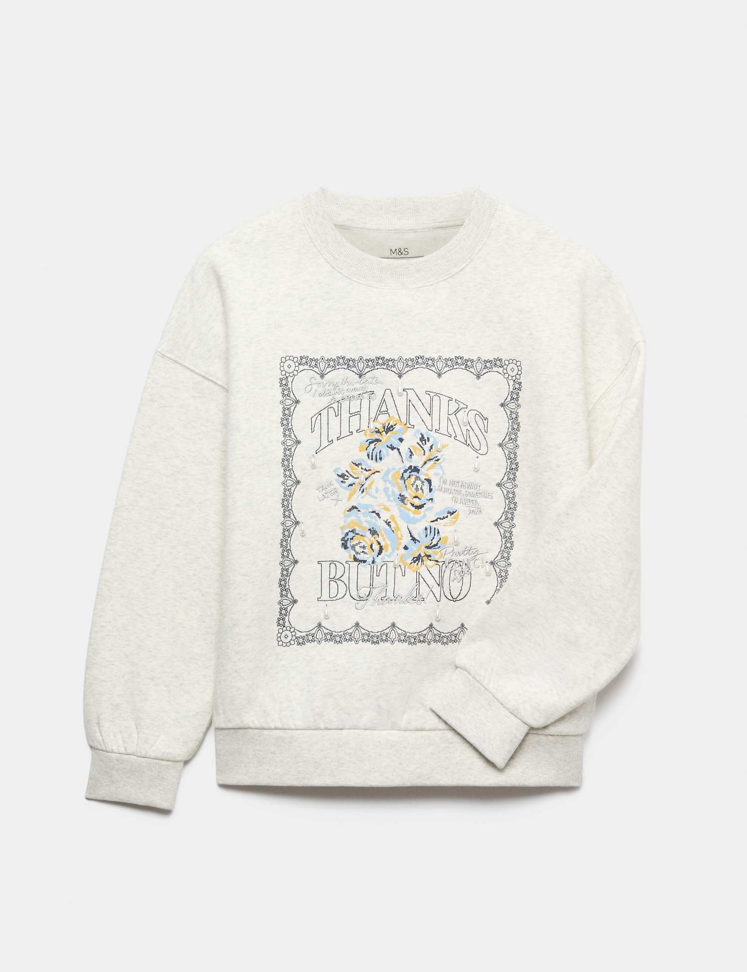 M&S Cotton Rich Graphic Pearl Sweatshirt (6-16 Yrs) Grey Marl