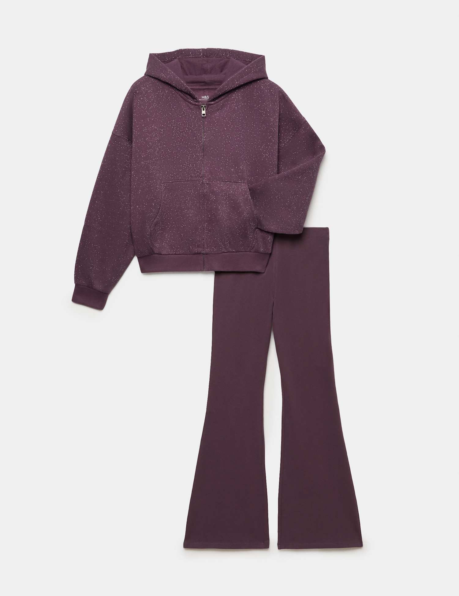 M&S 2 Piece Sparkle Hoodie & Kickflare Set (6-16 Yrs) Blackberry