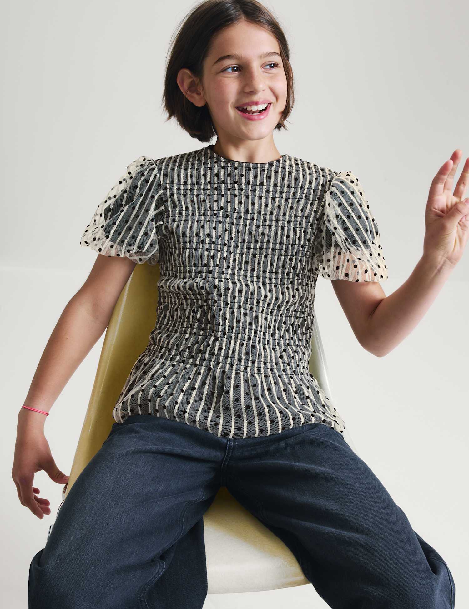 M&S Mesh Polka Dot Puff Sleeve Top Black Mix