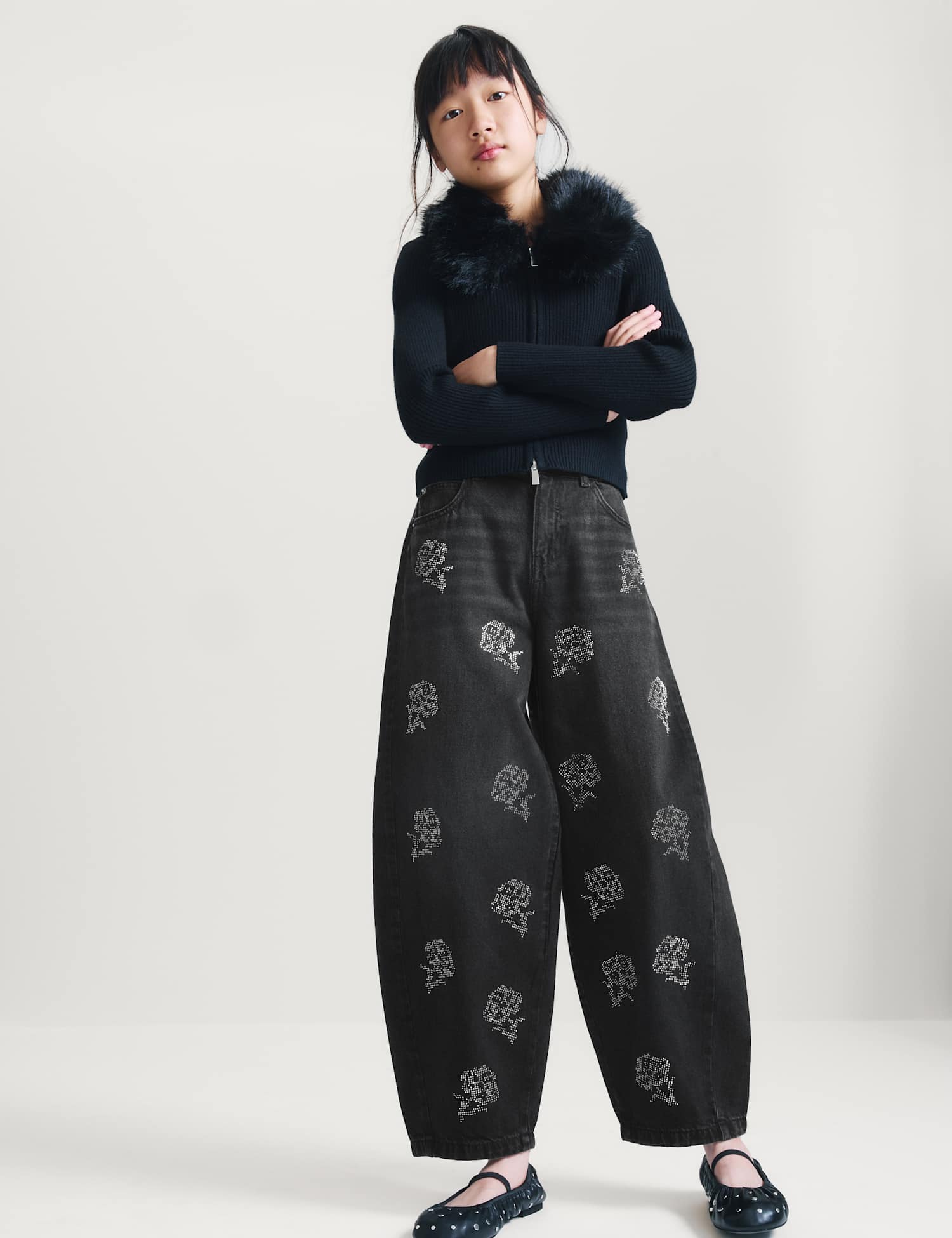M&S Denim Diamant� Rose Barrel Leg Jeans (6-16 Yrs) Black
