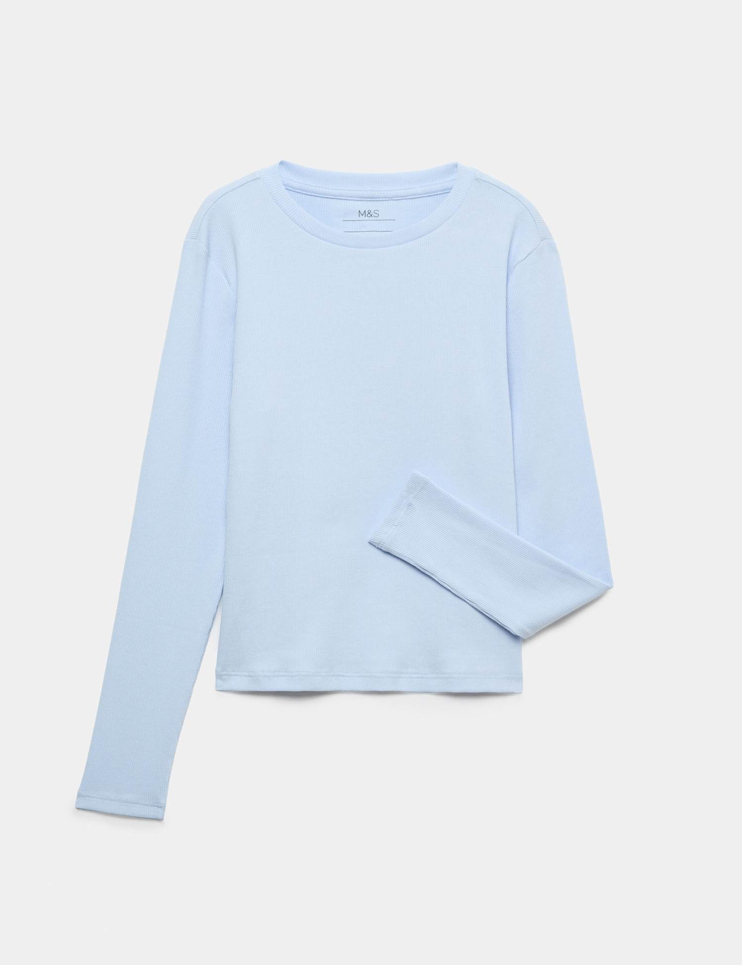 M&S Cotton Rich Ribbed Long Sleeve Top Light Blue
