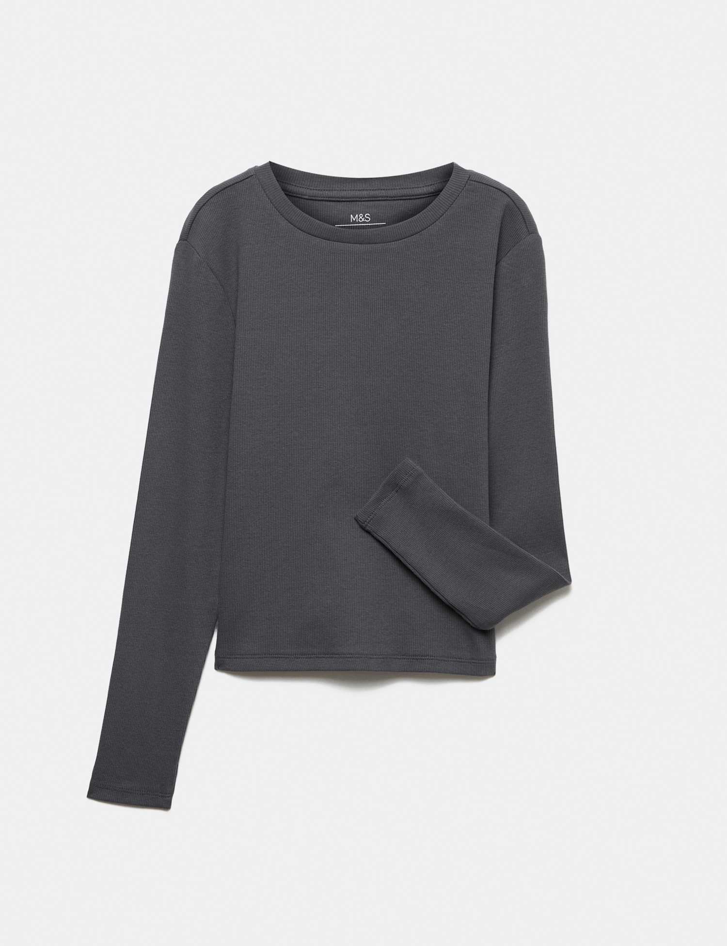 M&S Cotton Rich Ribbed Long Sleeve Top Carbon