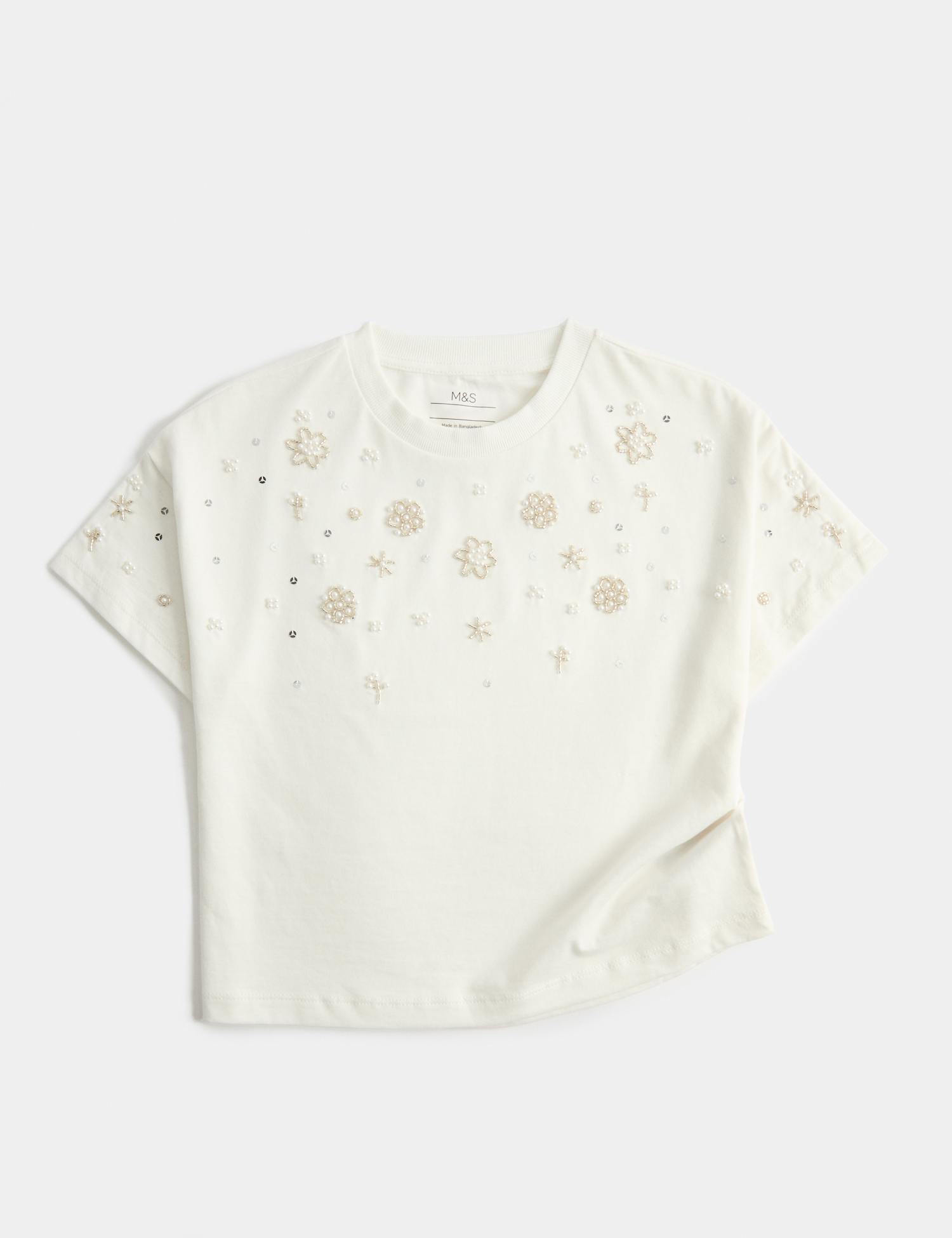 M&S Pure Cotton Sequin T-Shirt Ivory