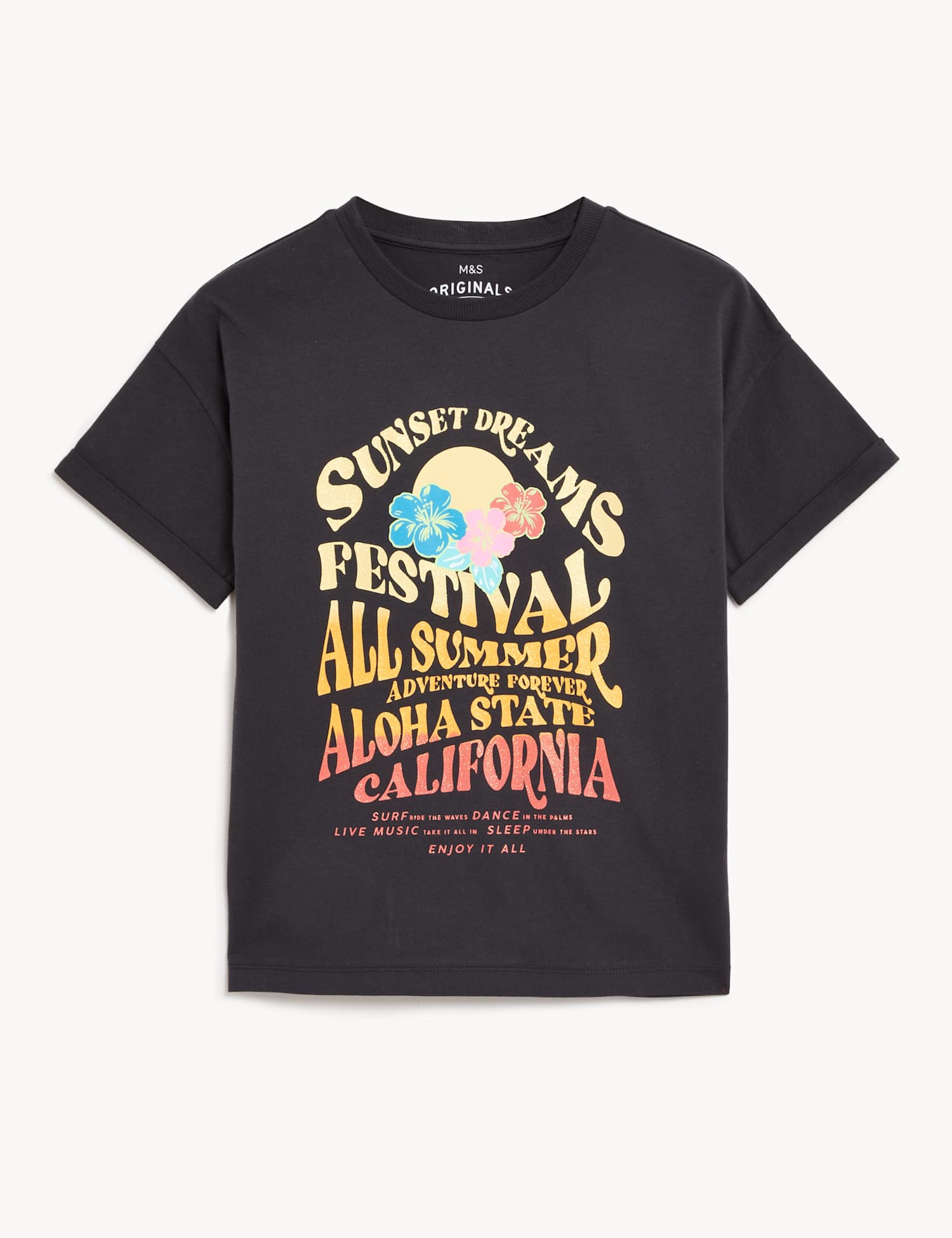 M&S Pure Cotton California Slogan T-Shirt Charcoal