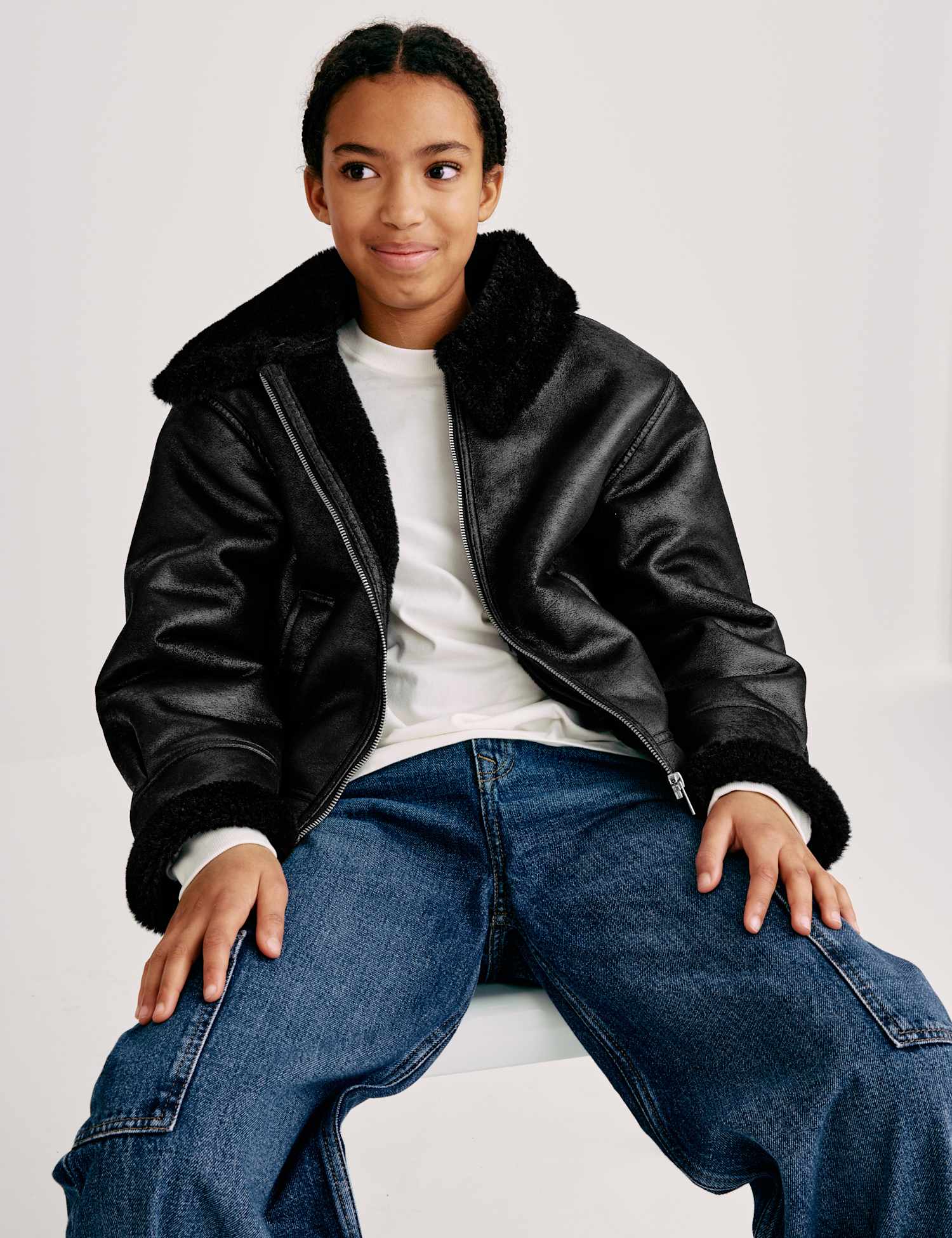 M&S Faux Fur Trim Jacket (6-16 Yrs) Black