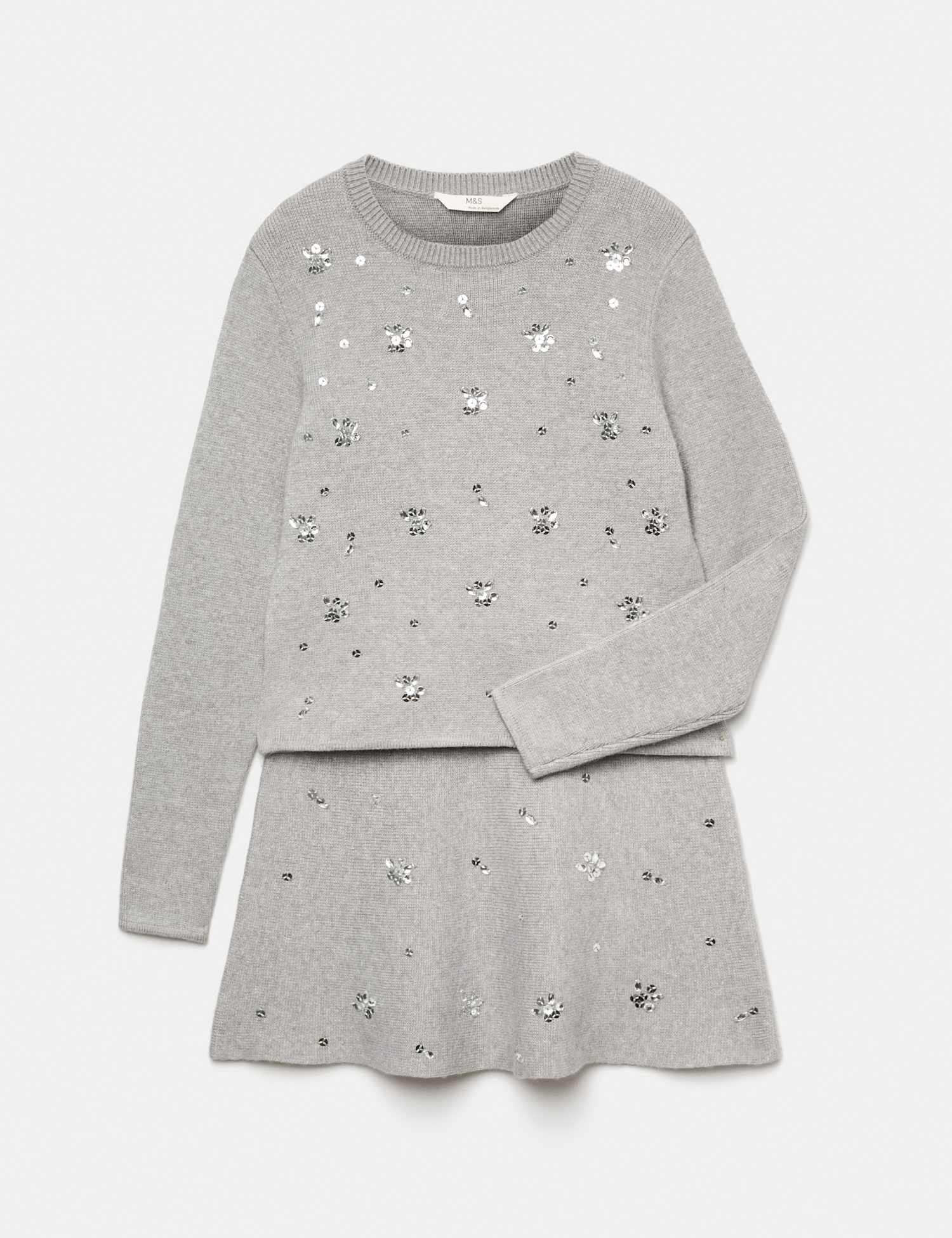 M&S 2 Piece Knitted Embellished Skirt Set (6-16 Yrs) Grey Marl