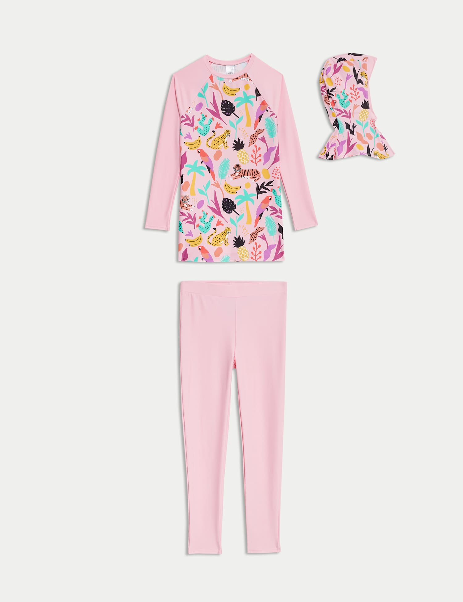 M&S 3pc Palm Print Long Sleeve Swim Set (6-16 Yrs) Pink
