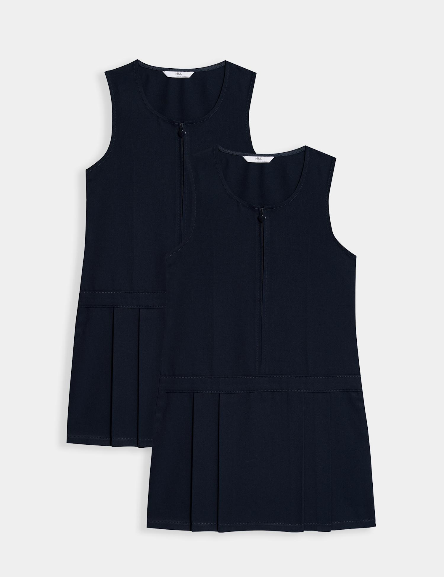 M&S 2 Pack Pleated Pinafore School Dresses (2-12 Yrs) Navy