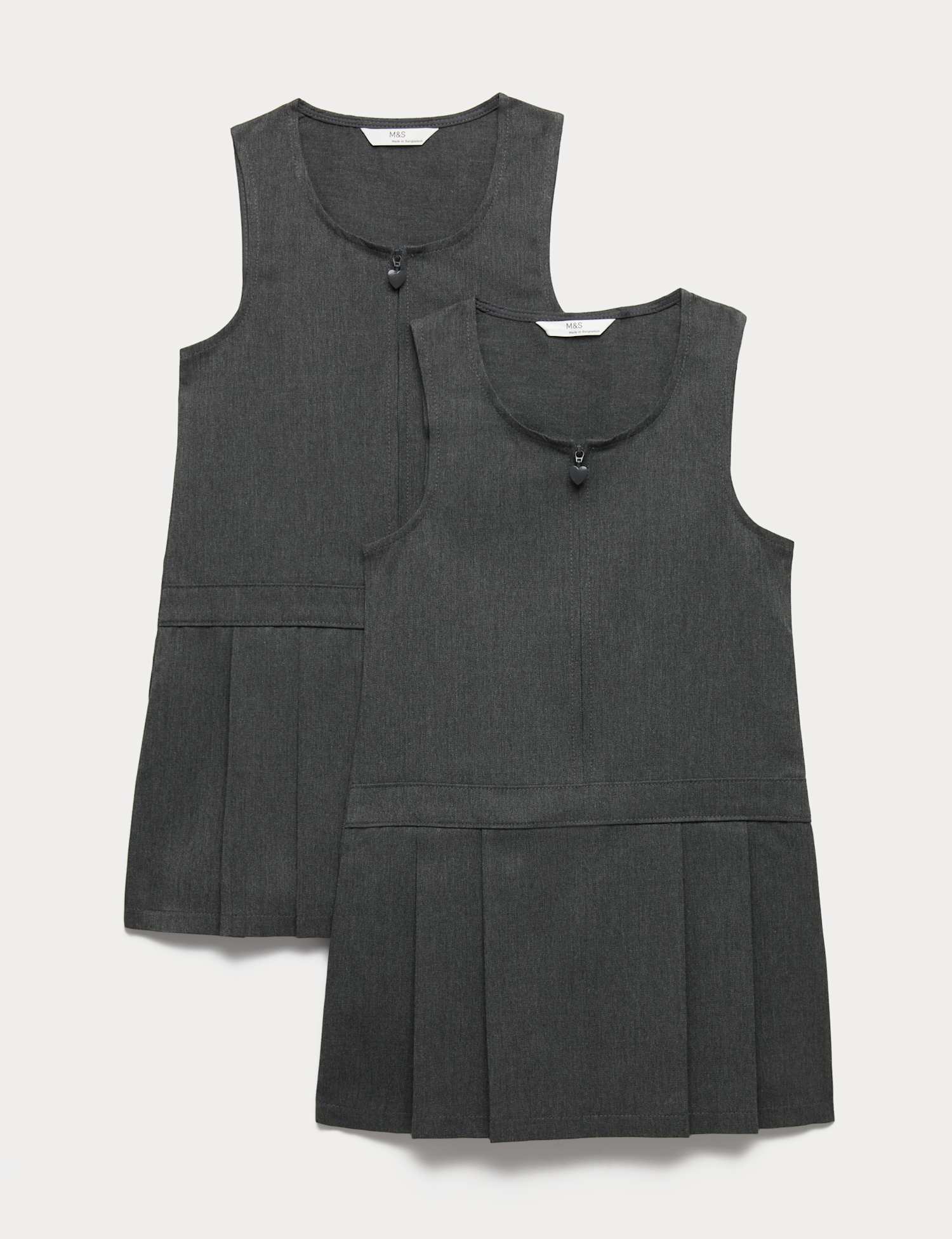 M&S 2 Pack Pleated Pinafore School Dresses (2-12 Yrs) Grey