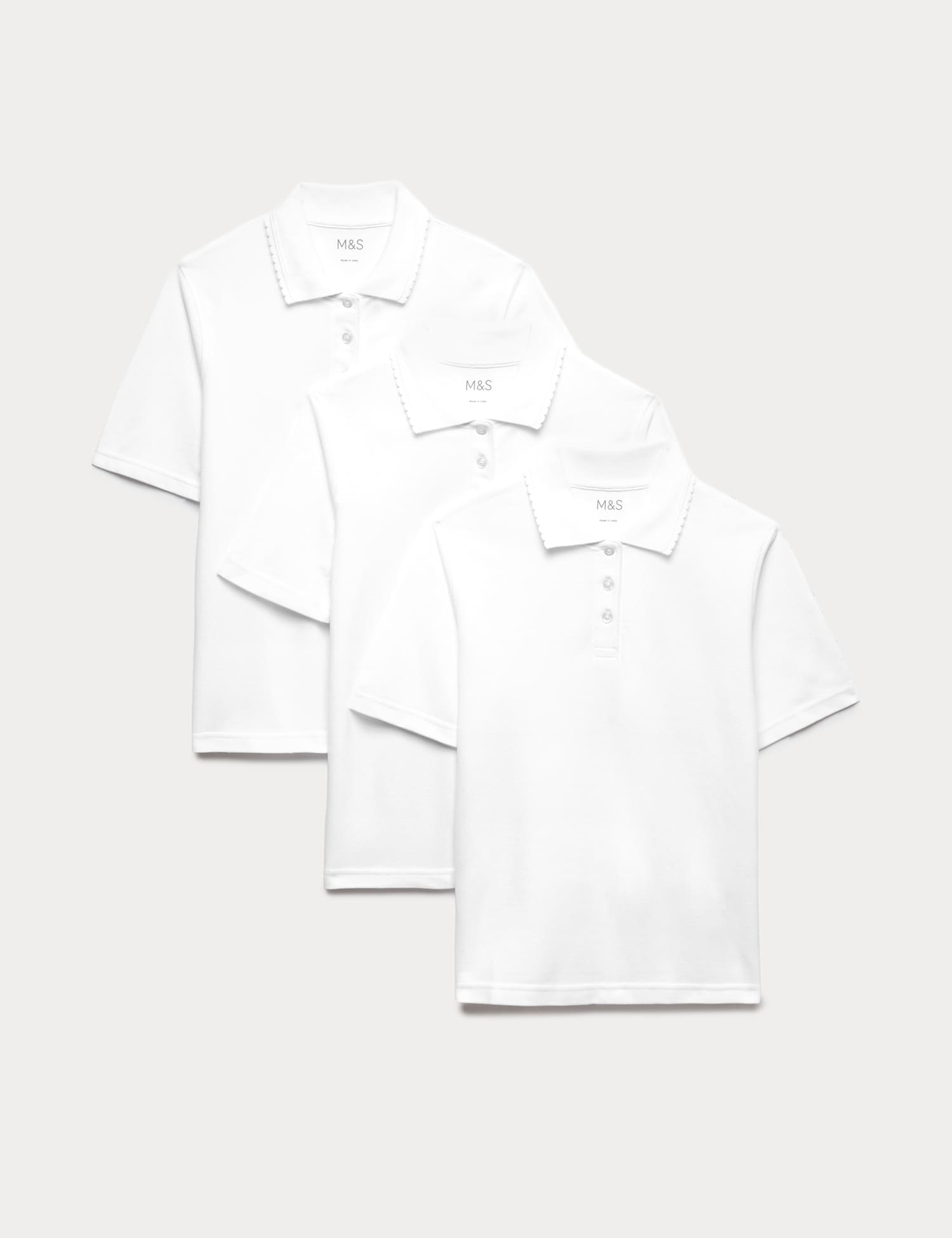 M&S 3 Pack Girls' Pure Cotton Regular Fit Stainaway Polo Shirt (2-18 Yrs) White