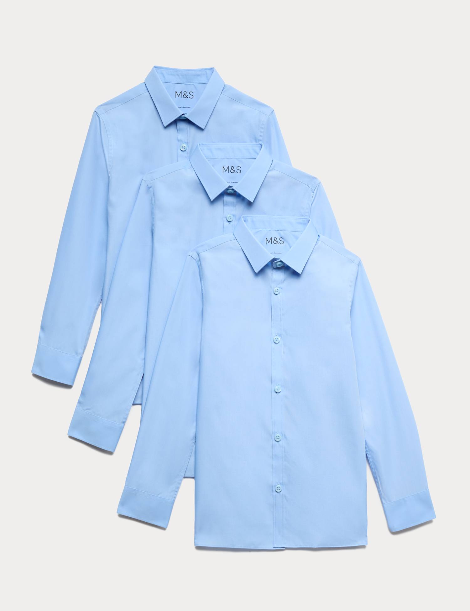 M&S 3 Pack Boys' Slim Fit Easy Iron School Shirts (2-16 Yrs) Blue