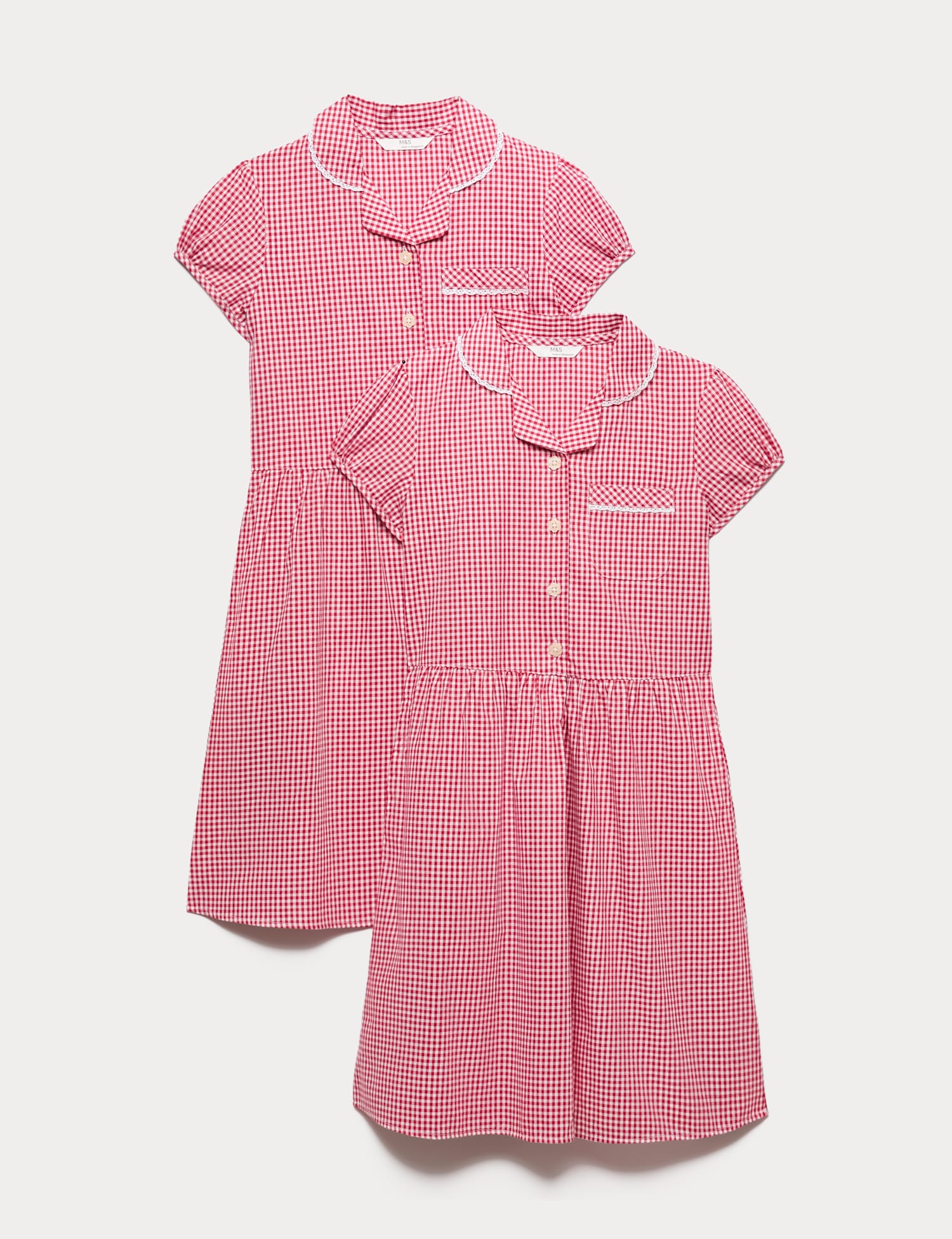 M&S 2 Pack Cotton Rich Gingham Dresses (2-14 Yrs) Red Mix