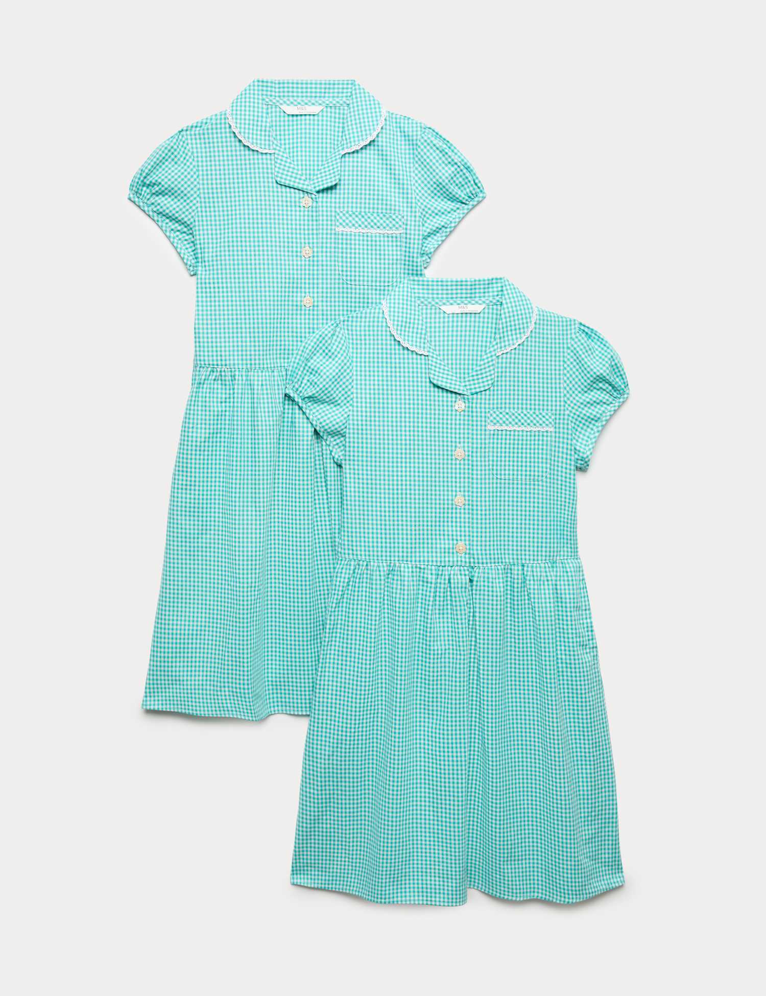 M&S 2 Pack Cotton Rich Gingham Dresses (2-14 Yrs) Green