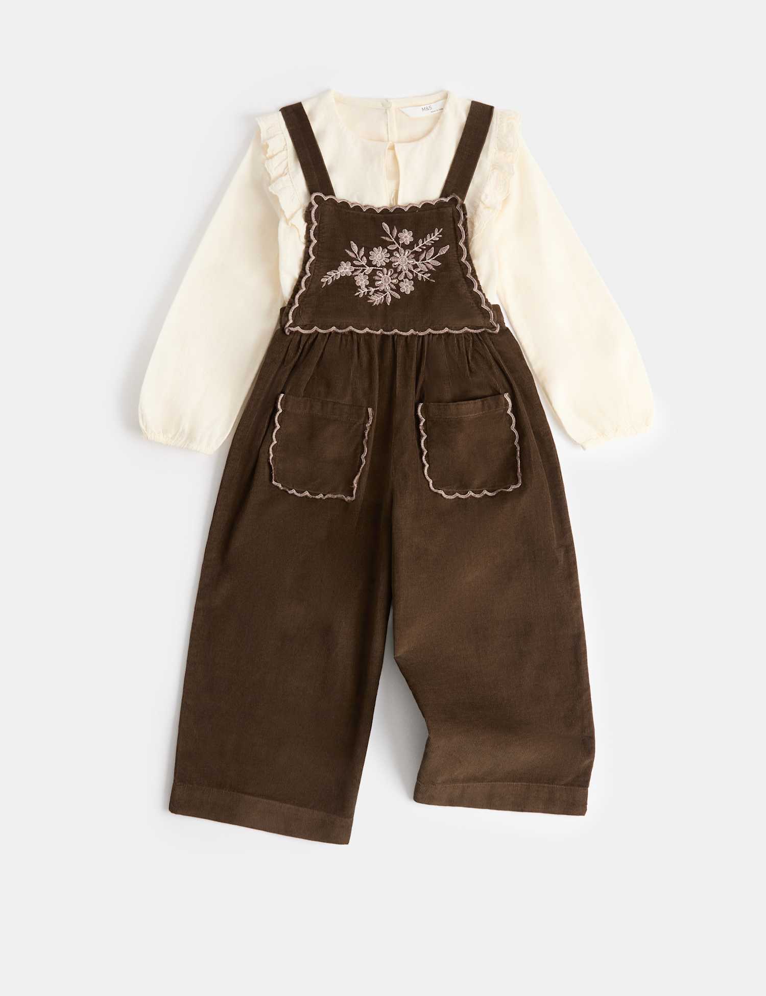 M&S 2 Piece Embroidered Dungaree Outfit (1-8 Yrs) Dark Brown