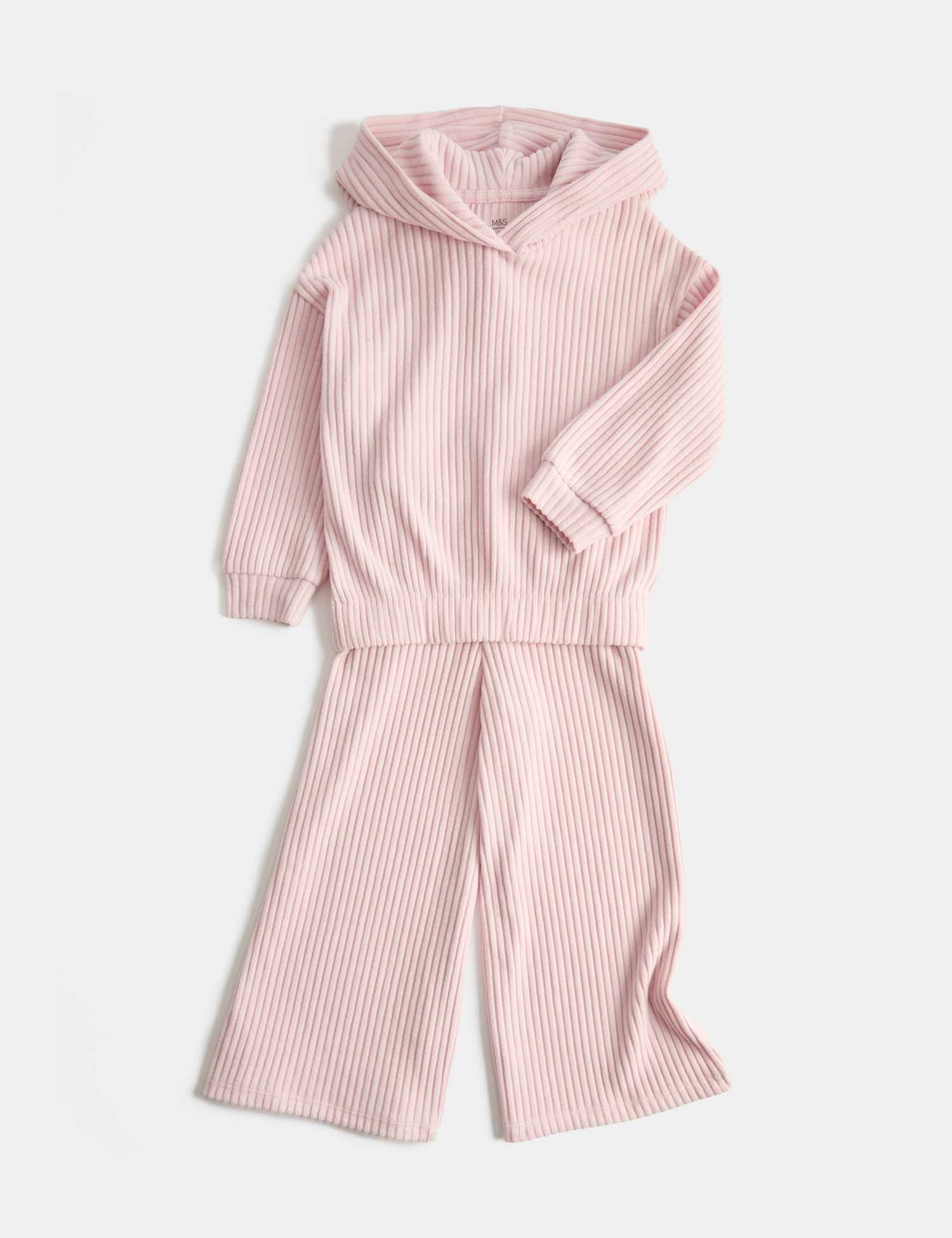 M&S 2 Piece Cosy Ribbed Hooded Outfit (2-10 Yrs) Soft Pink