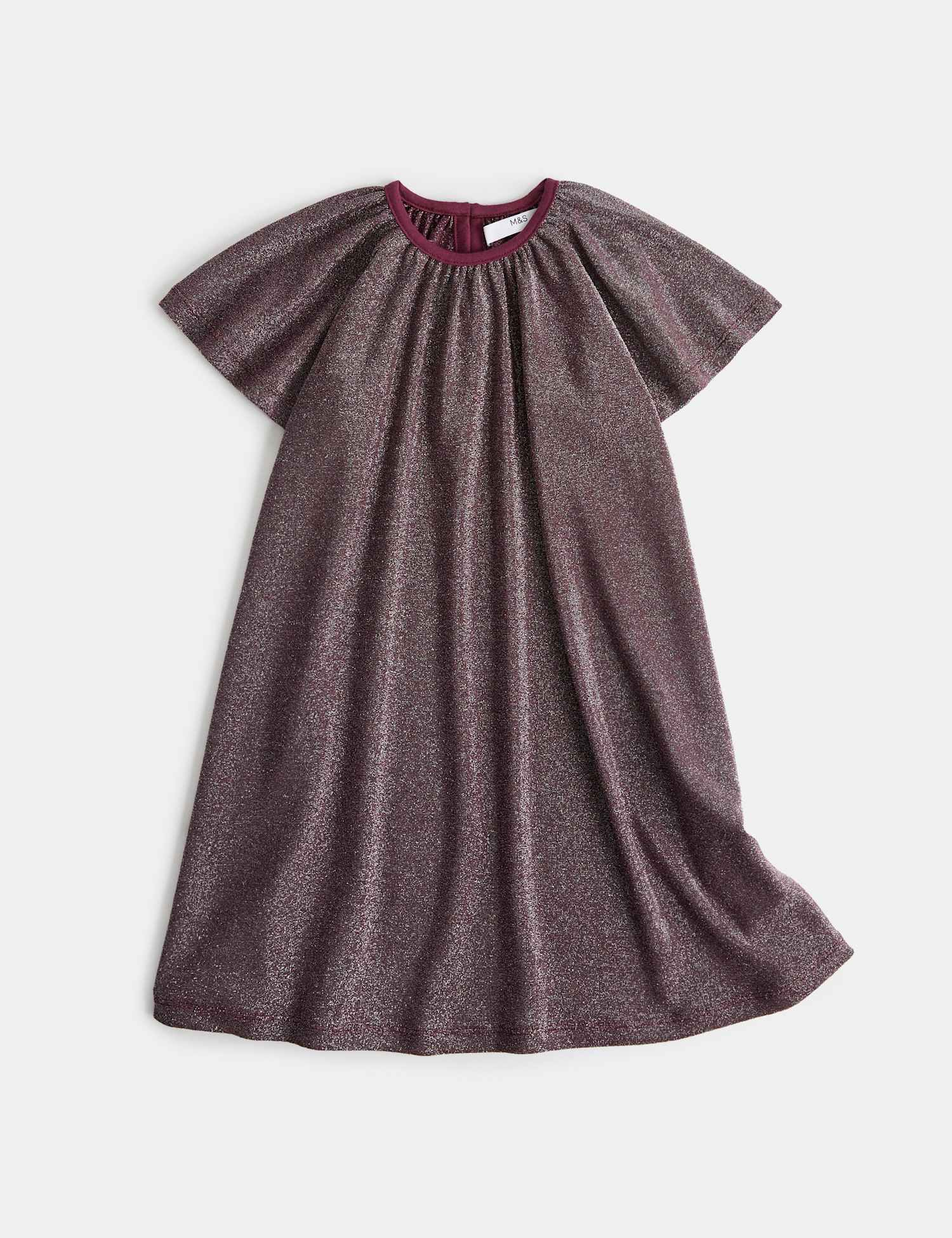 M&S Short Sleeve Sparkly Round Neck Dress (2-8 Yrs) Purple