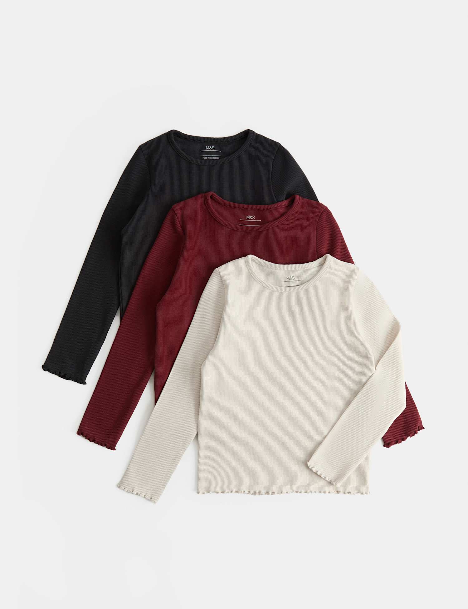 M&S 3pk Cotton Rich Ribbed Crew Neck Tops (2-8 Yrs) Multi