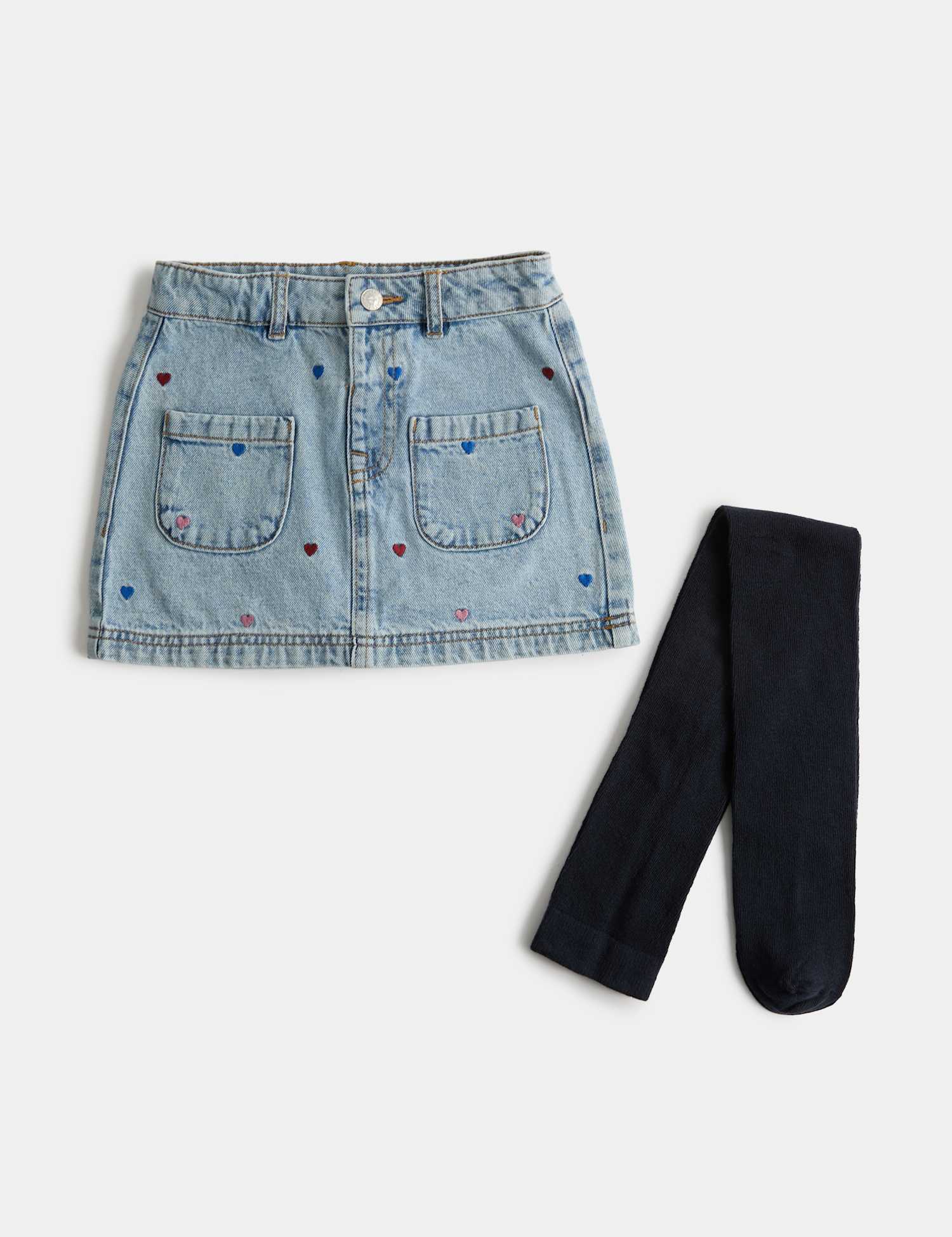 M&S Heart Embroidered Denim Skirt with Tights (2-8 Yrs) Denim