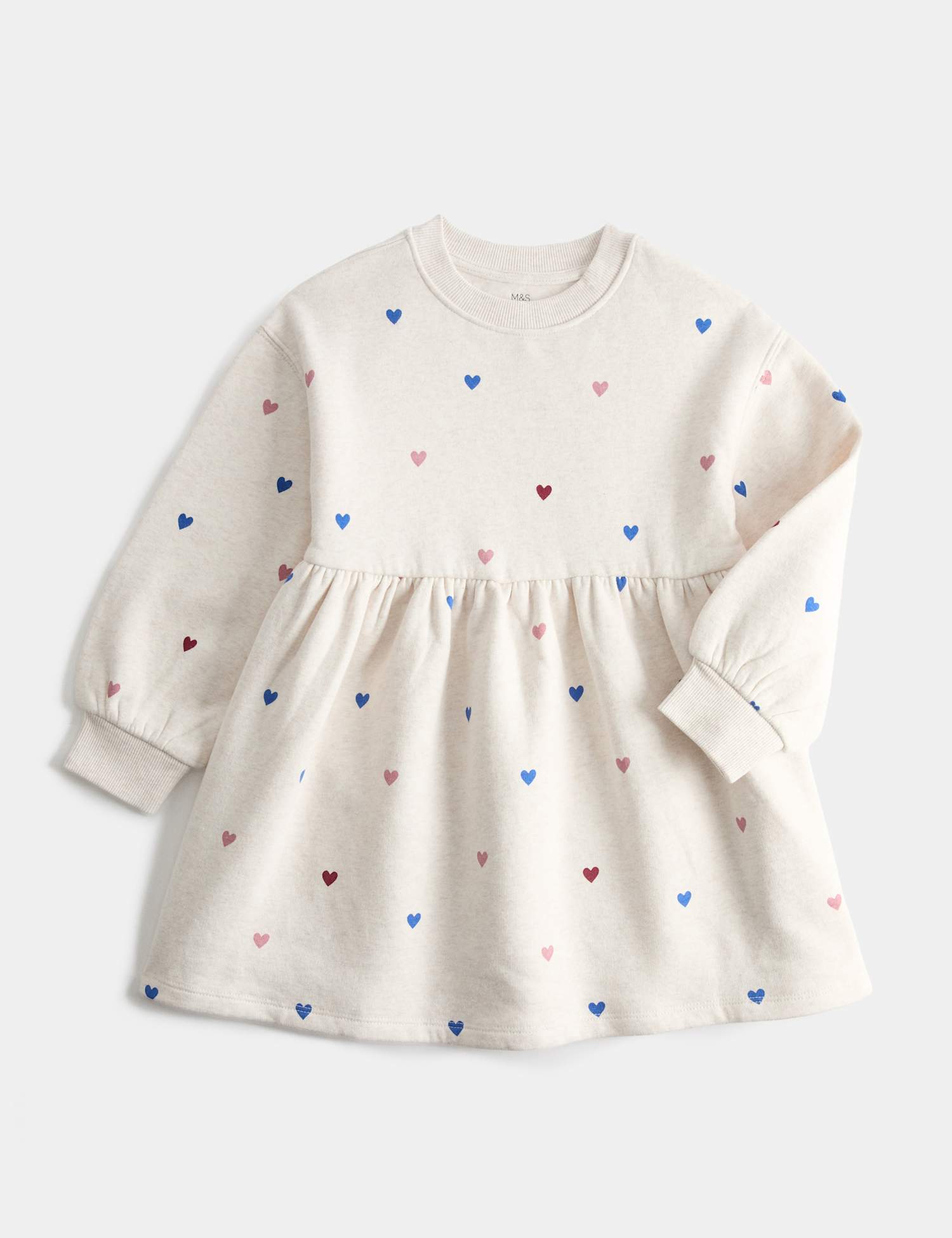 M&S Cotton Rich Heart Print Sweatshirt Dress (2-8 Yrs) Light Cream
