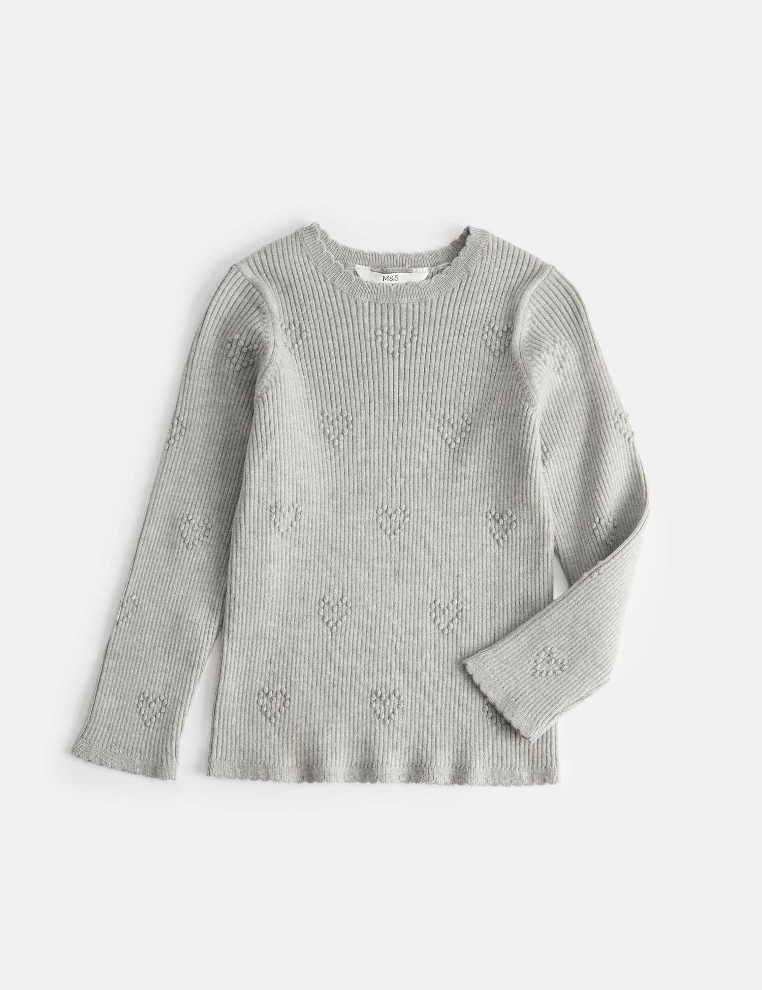 M&S Heart Textured Knitted Top (2-10 Years) Grey