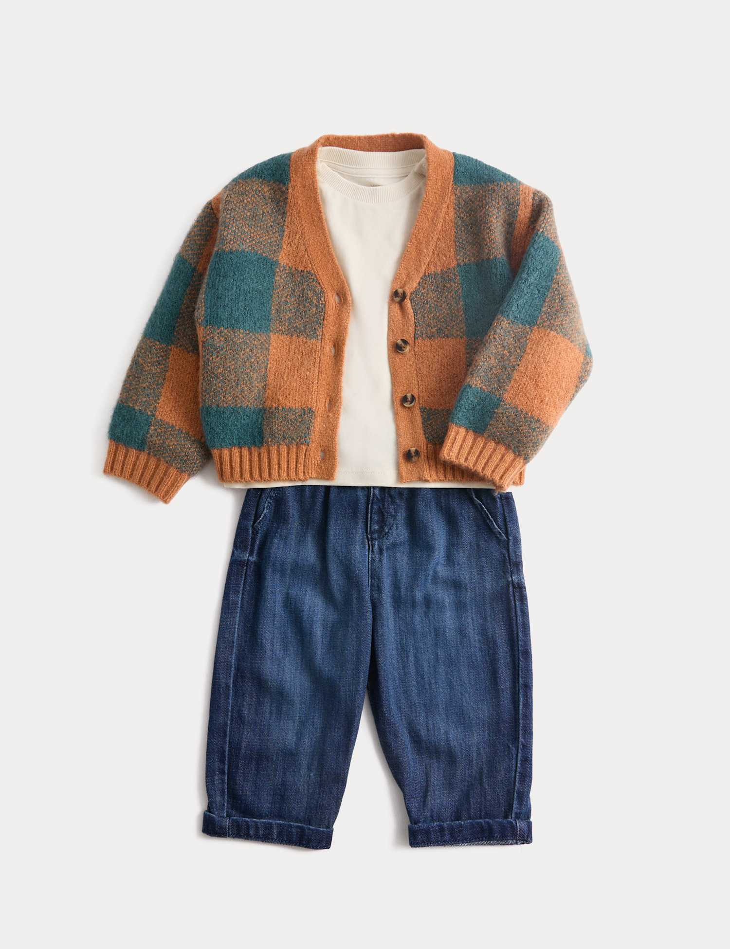 M&S 3pc Top & Bottom Outfit with Cardigan (0-3 Yrs) Green Mix