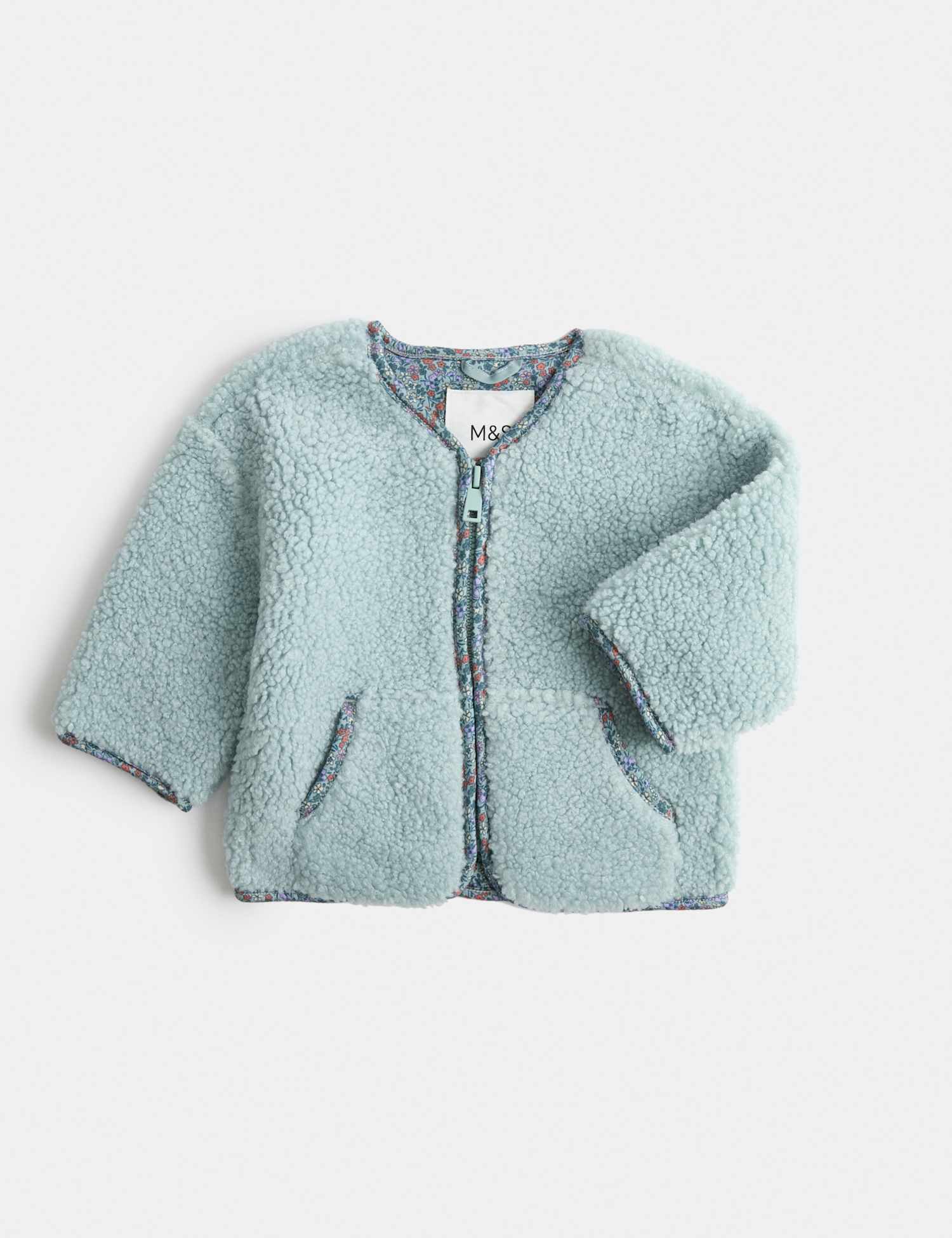 M&S Borg Floral Trim Jacket (0-5 Yrs) Green Mix