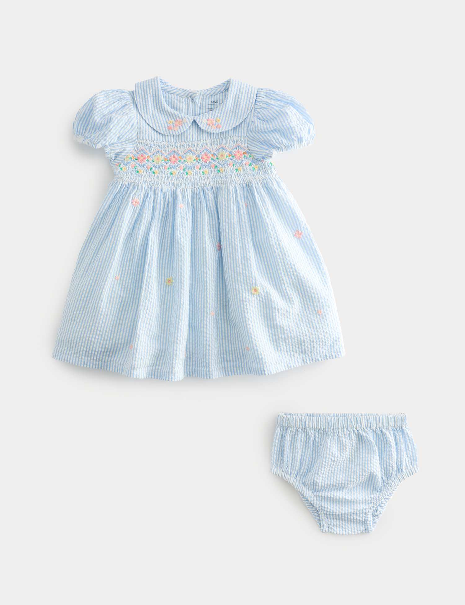 M&S Pure Cotton Smock Dress with Knickers (0-3 Yrs) Blue