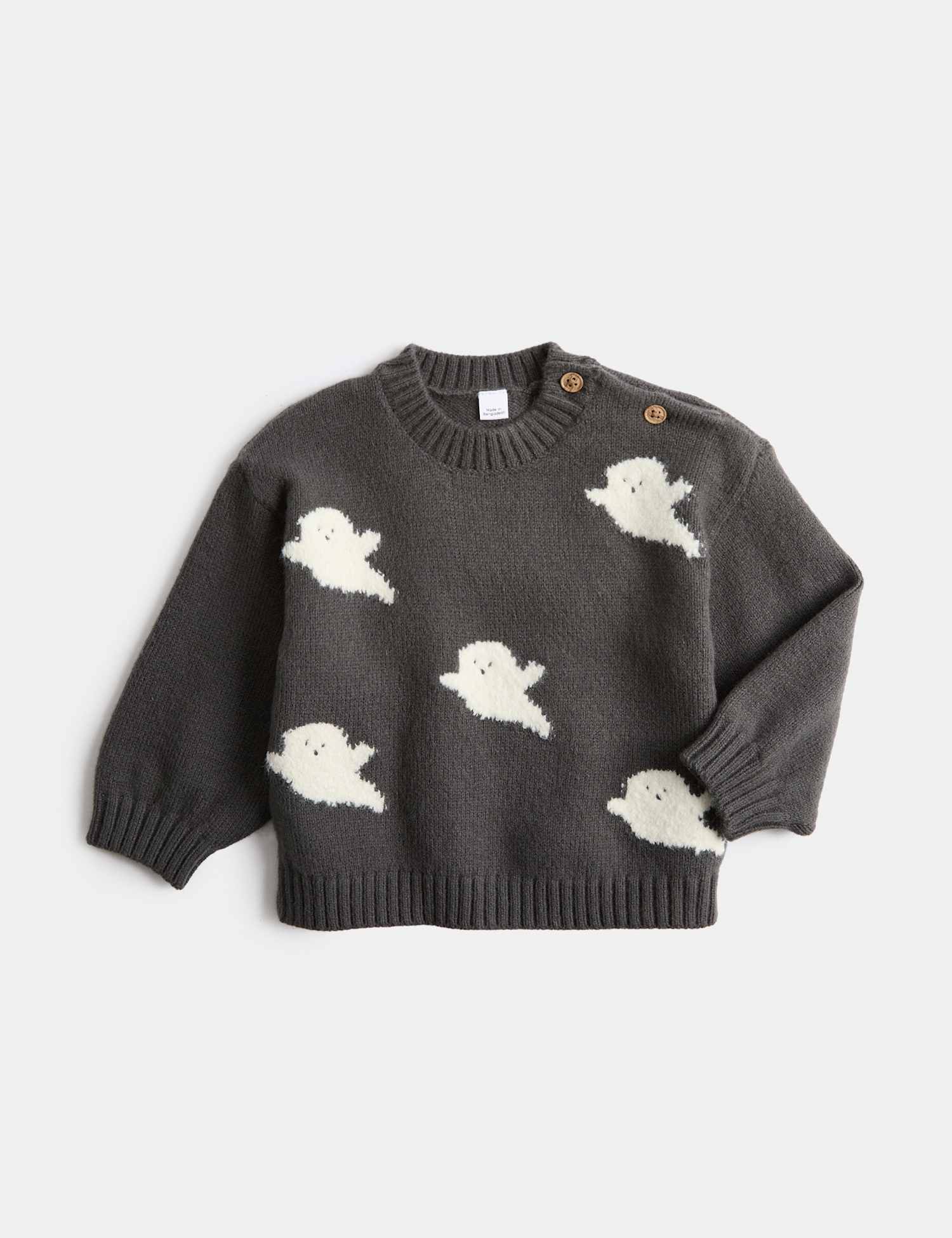 M&S Cotton Rich Halloween Ghost Knitted Jumper (0-5 Yrs) Charcoal