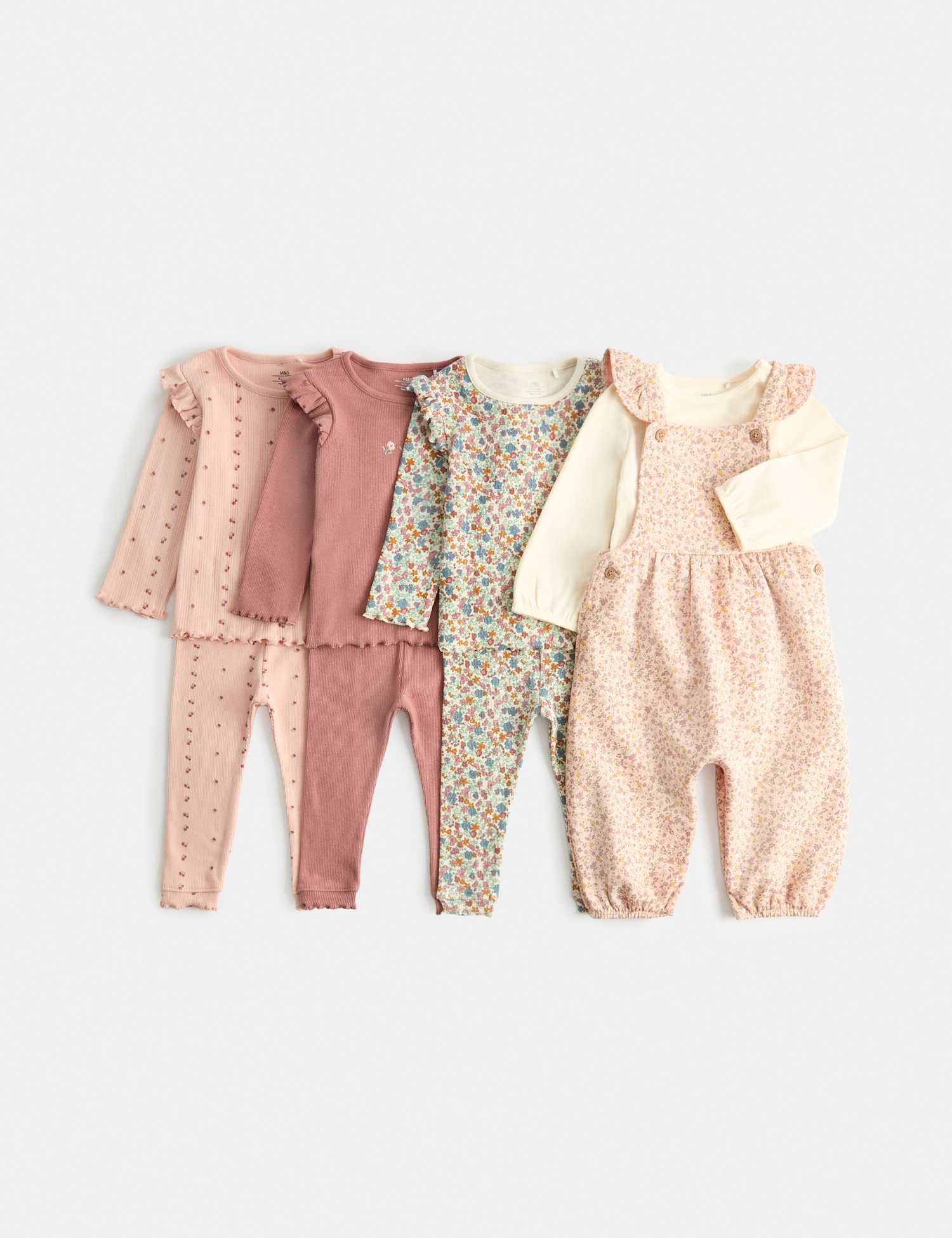 M&S Cotton Rich Floral Top & Bottom Outfit (0-3 Yrs) Pink