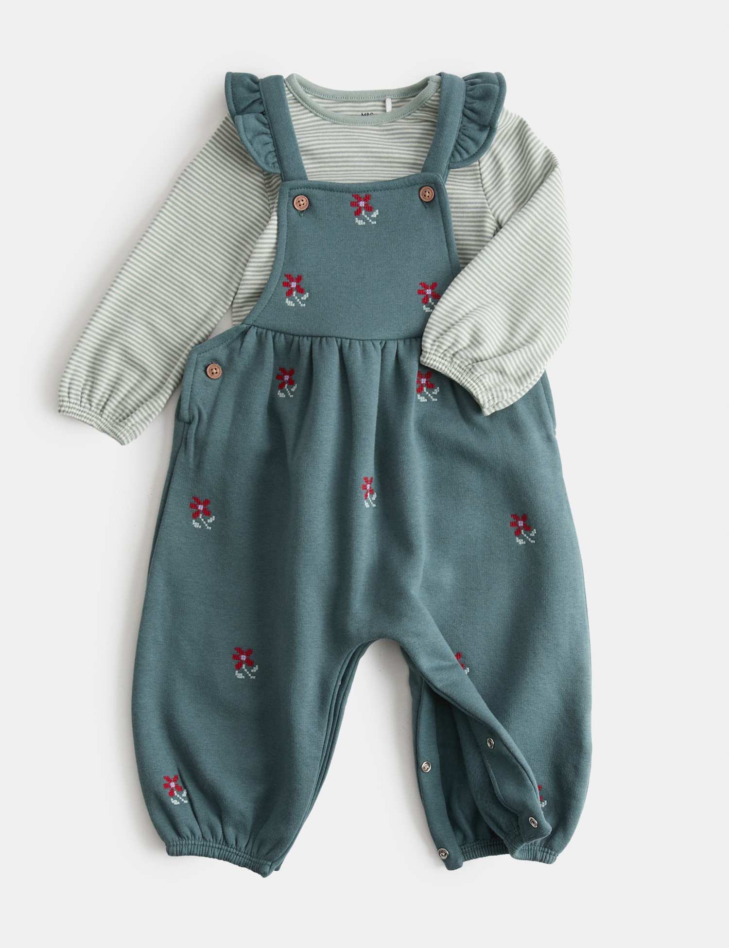 M&S 2 Piece Jersey Embroidered Dungarees with Top (0-3 Yrs) Teal